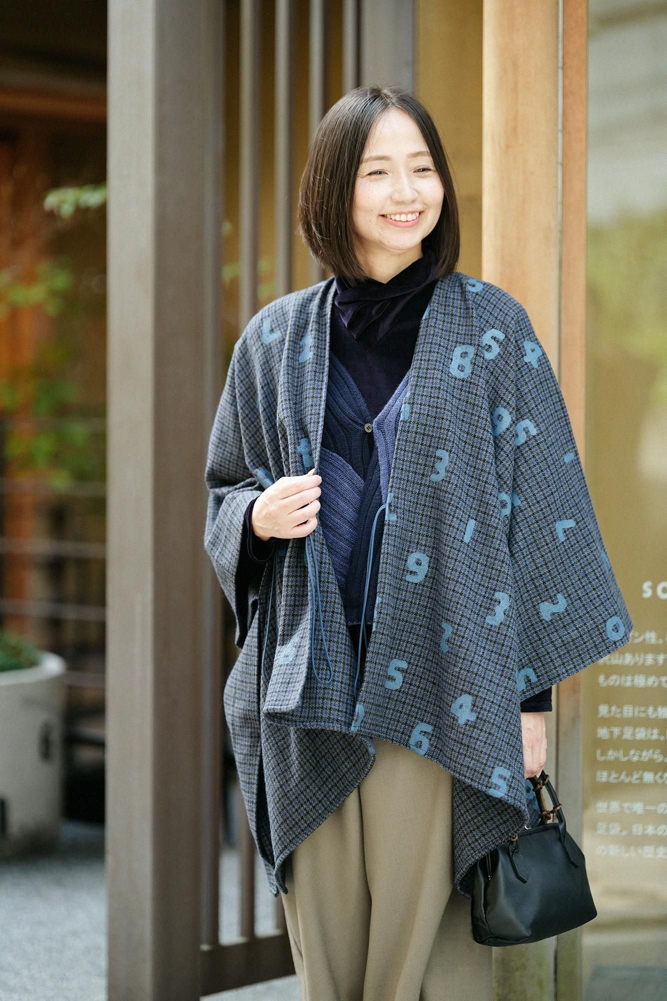 粗花呢 格紋織 如月披風／SO-SU-U十數 上下和留白 深藍色×暗藍色