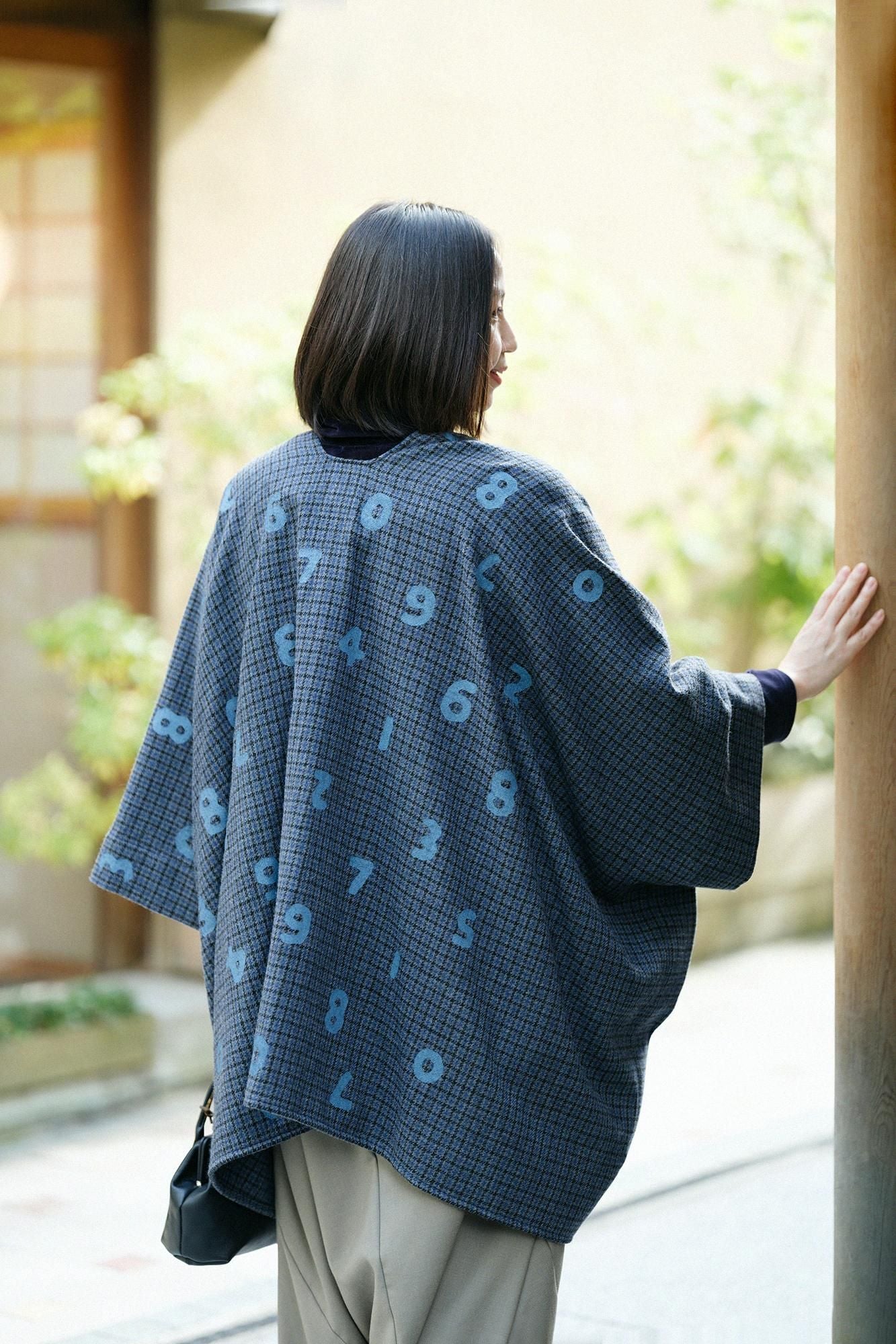 粗花呢 格紋織 如月披風／SO-SU-U十數 上下和留白 深藍色×暗藍色