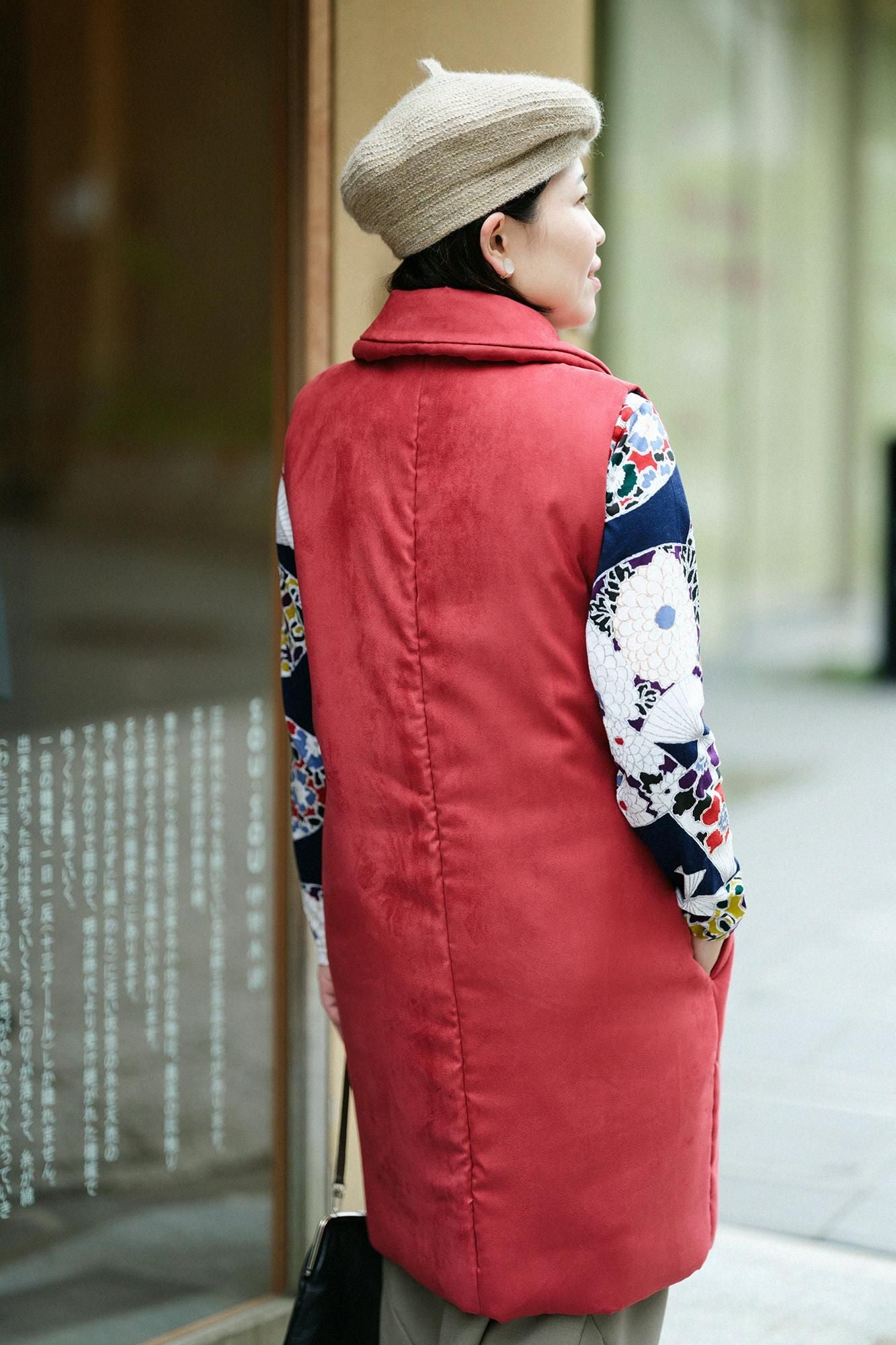 仿麂皮長陣羽織夾棉 附裡襯／胭脂紅