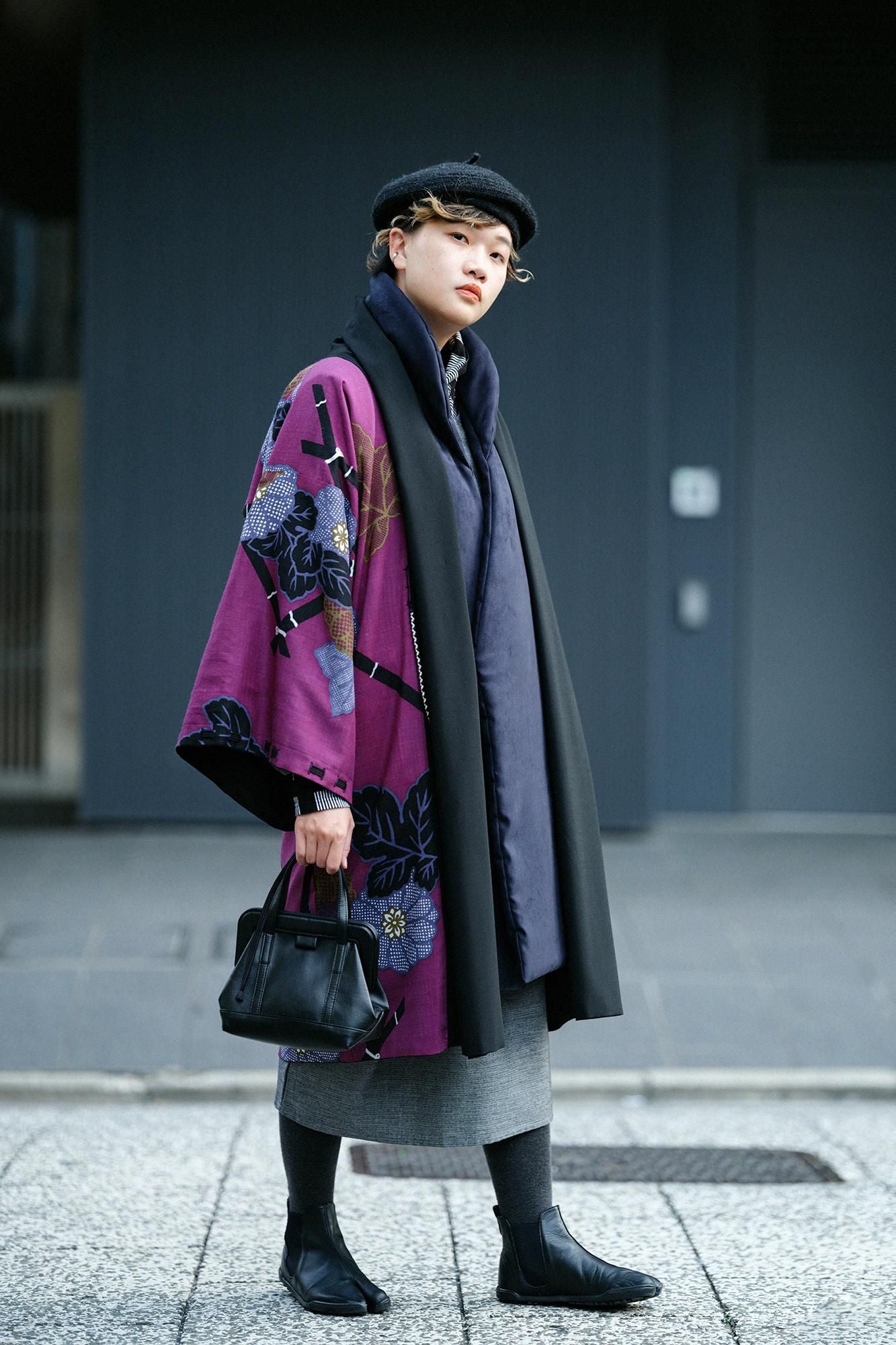 假nubuck Long Chin Baori（Nagajinbaori）衬里 /黑色海军蓝色（黑色）