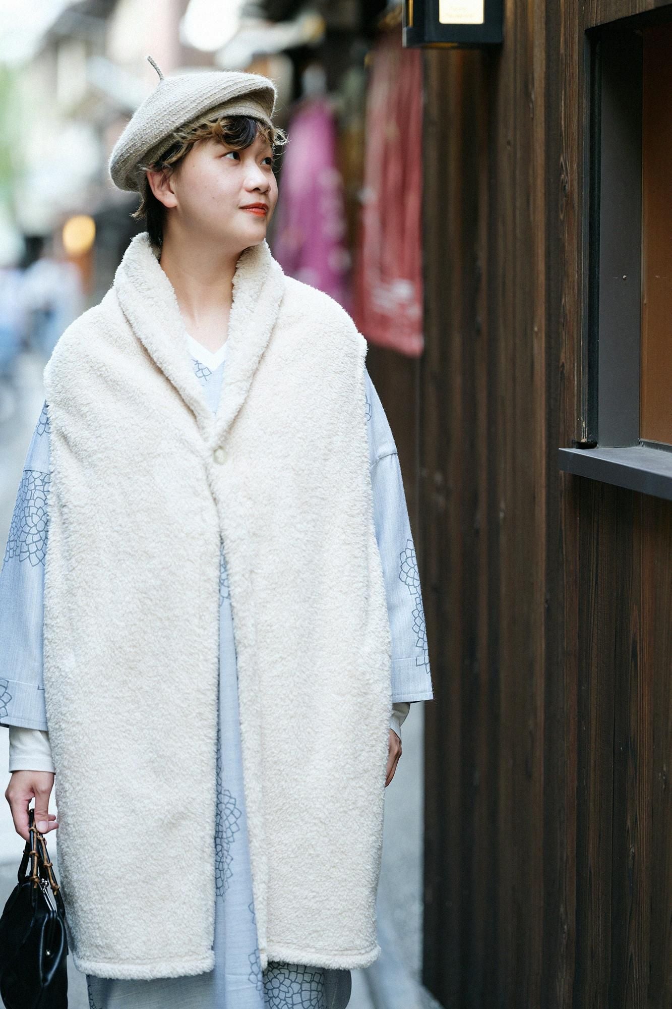 仿毛 莢背心 長版 單層／鳥白色