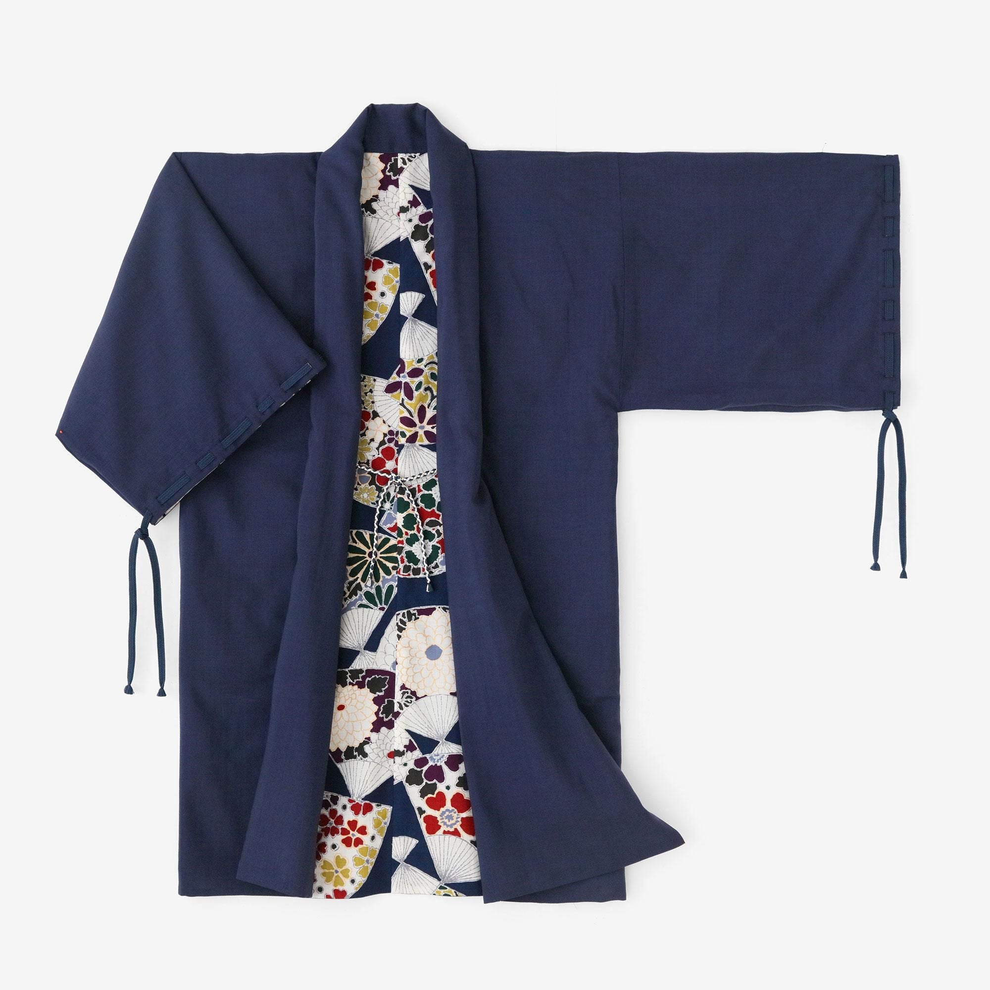 Mousseline, manche impériale, réversible, bleu foncé, fan