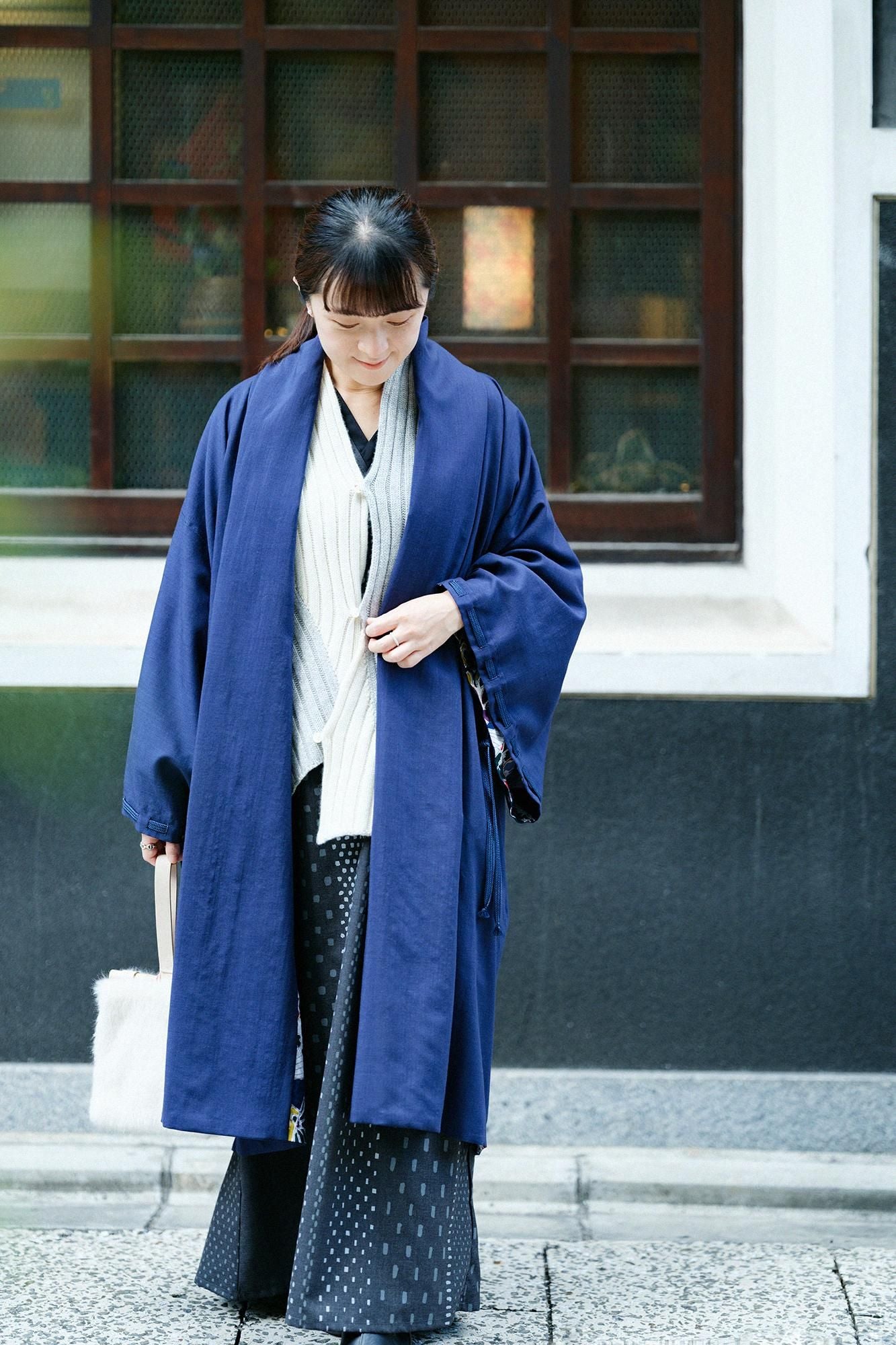 Mousseline, manche impériale, réversible, bleu foncé, fan