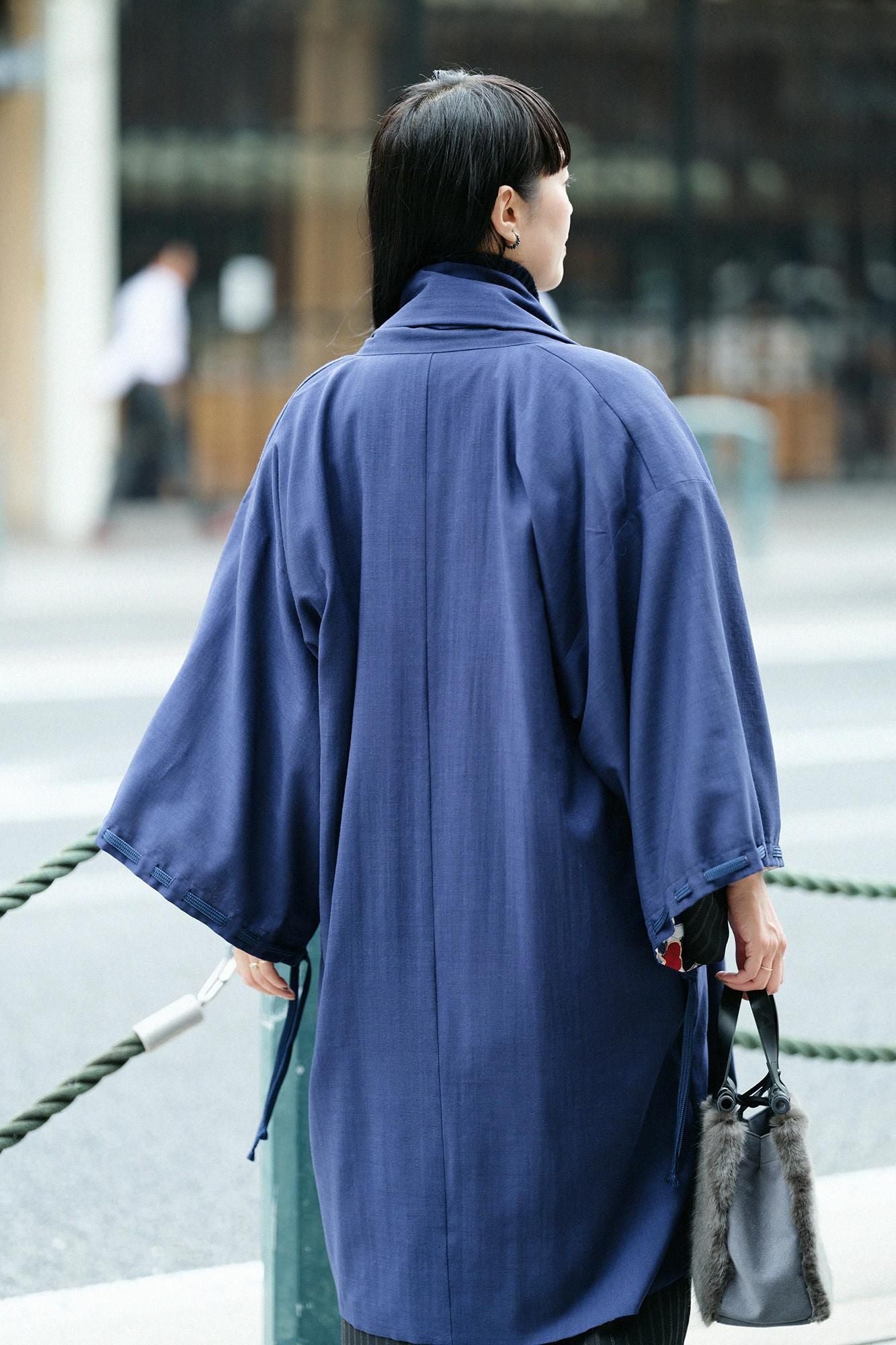 Mousseline, manche impériale, réversible, bleu foncé, fan