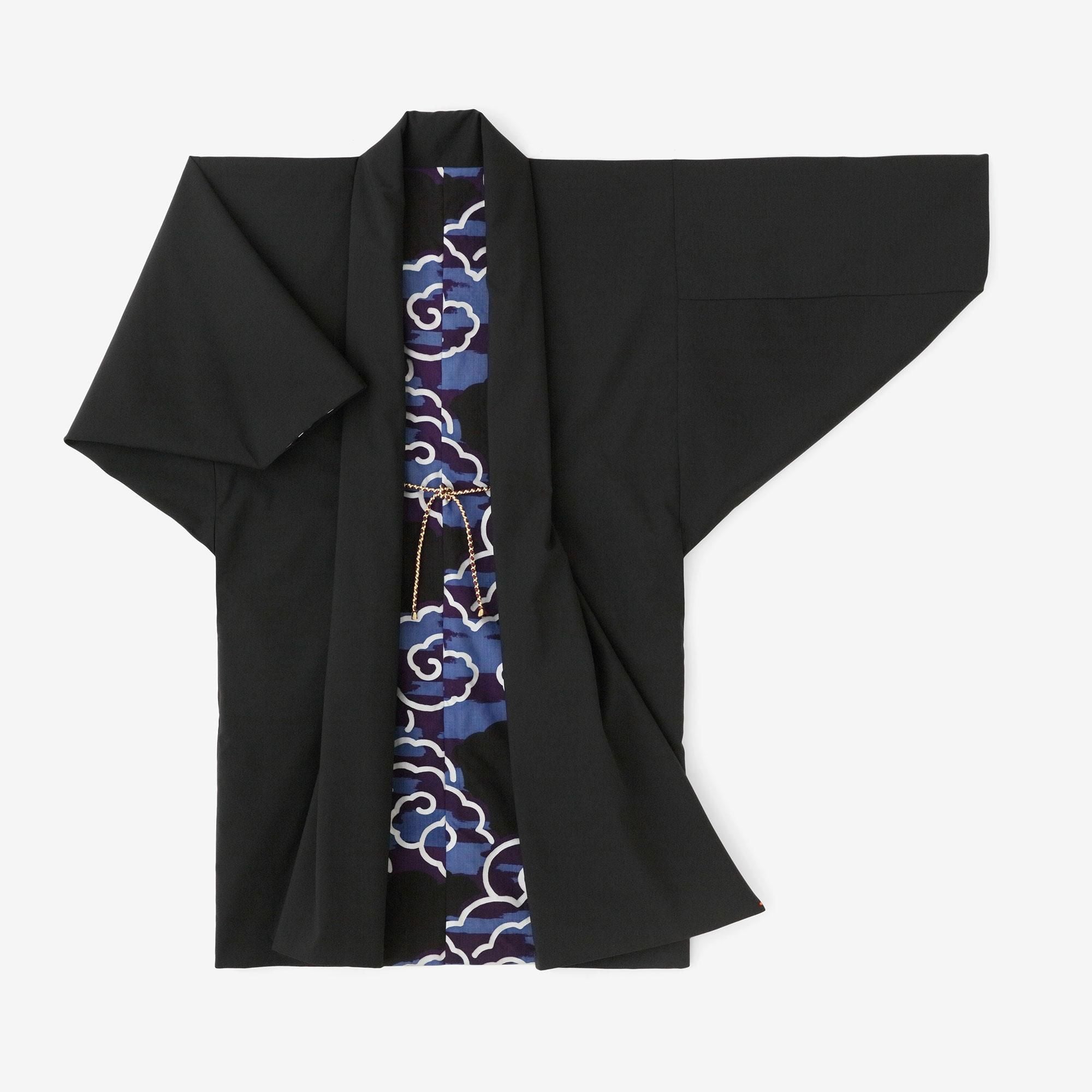 Combed Yarn×Muslin Wool Triangular Sleeve Coat Reversible / Black×Dragon-like Cloud