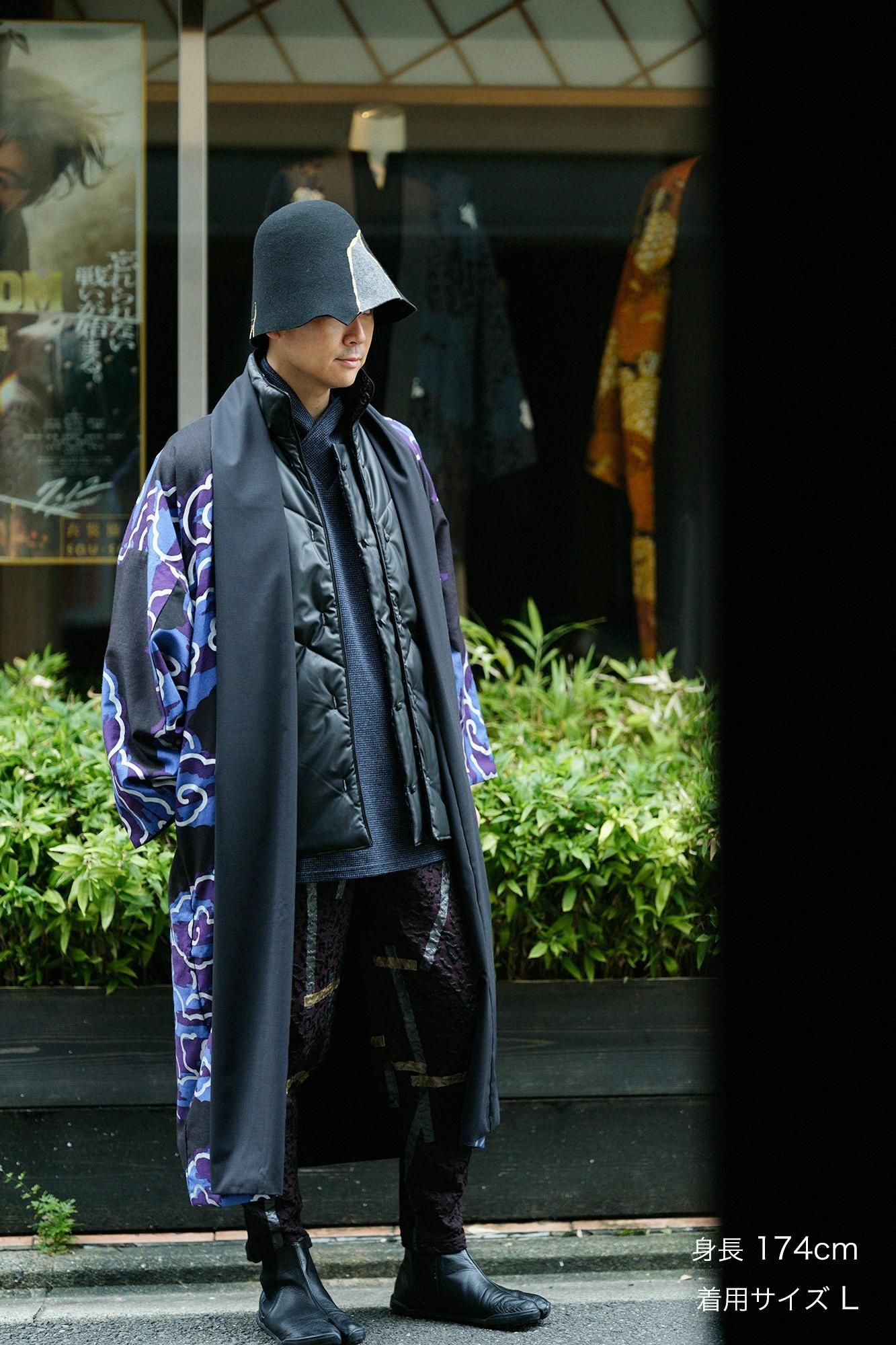 Combed Yarn×Muslin Wool Triangular Sleeve Coat Reversible / Black×Dragon-like Cloud