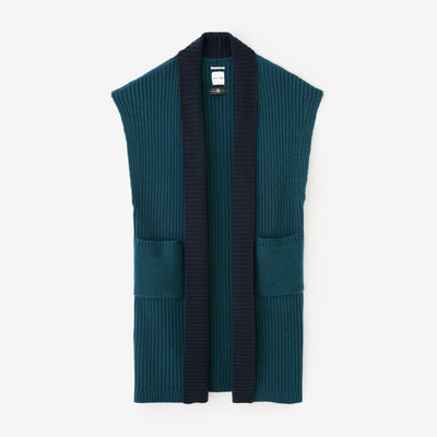 SOU・SOU×ALPHA羊絨混紡背子背心 畝長版／海綠色 ×暗藍色