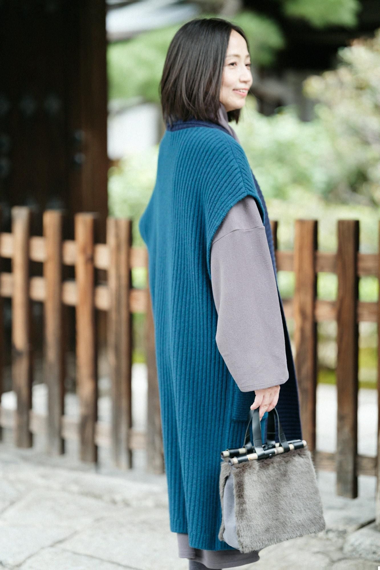 SOU・SOU×ALPHA羊絨混紡背子背心 畝長版／海綠色 ×暗藍色