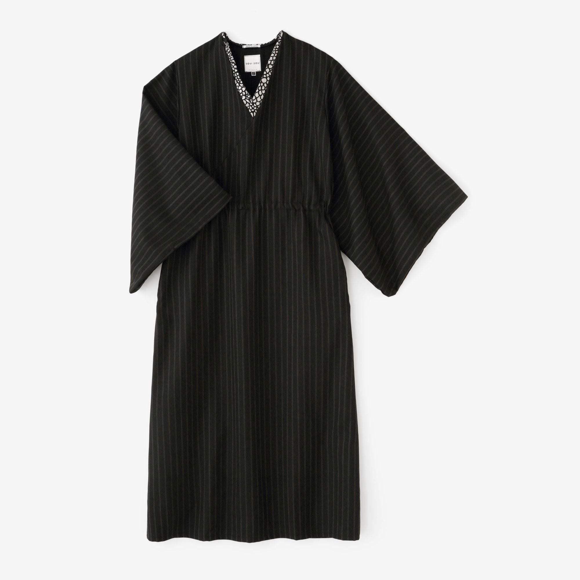 梳毛條紋半衿和服形洋裝/黑色 2