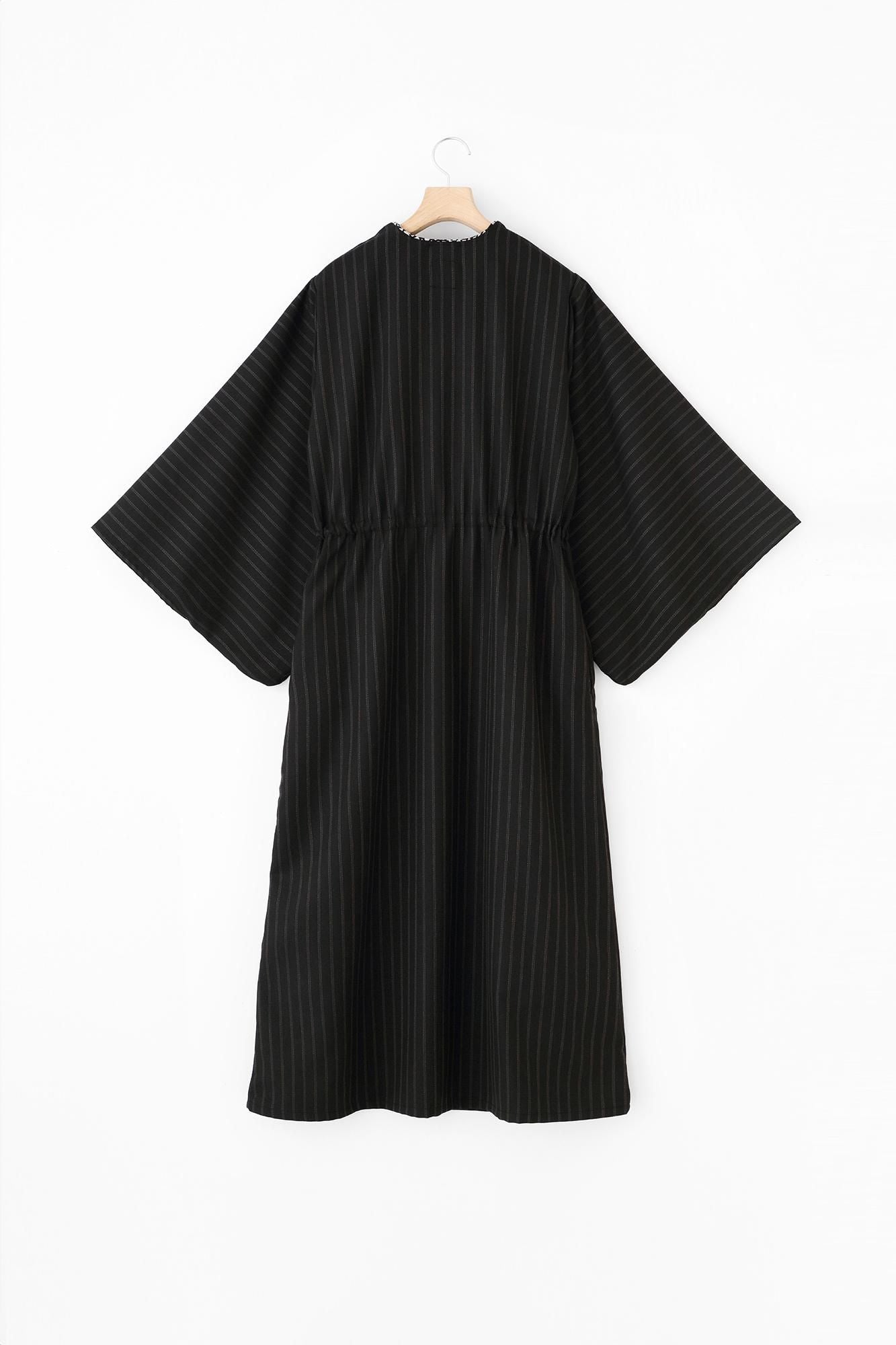 梳毛條紋半衿和服形洋裝/黑色 2