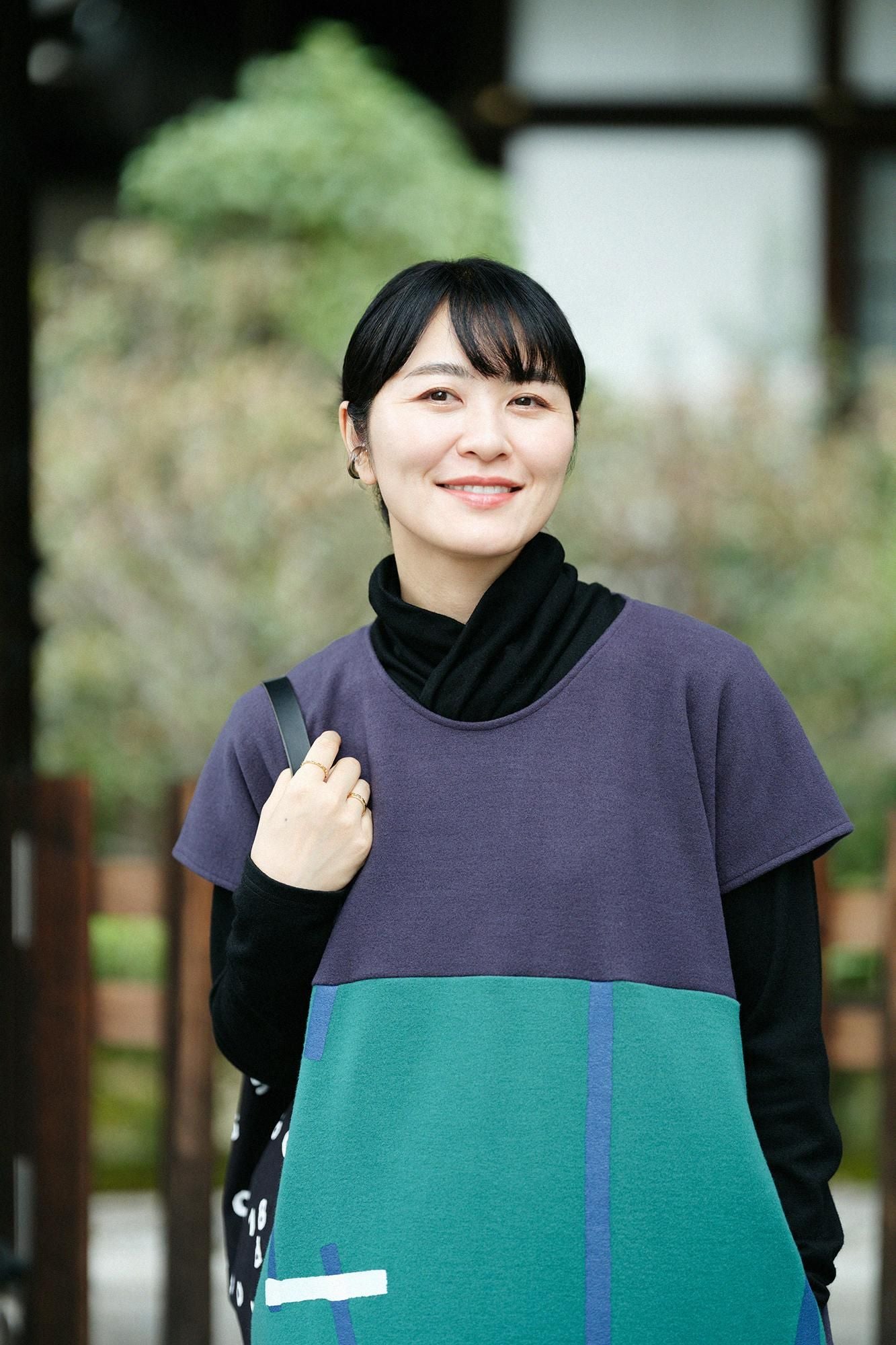 壓縮雙面編長方形洋裝雙色下襬圖案/暗藍色x鳶