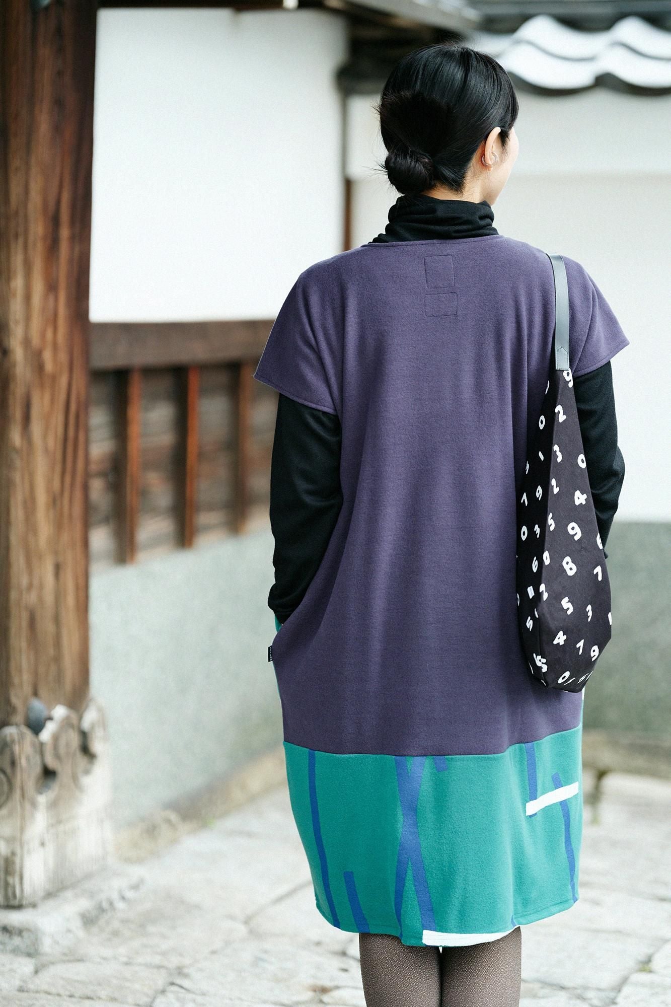 壓縮雙面編長方形洋裝雙色下襬圖案/暗藍色x鳶