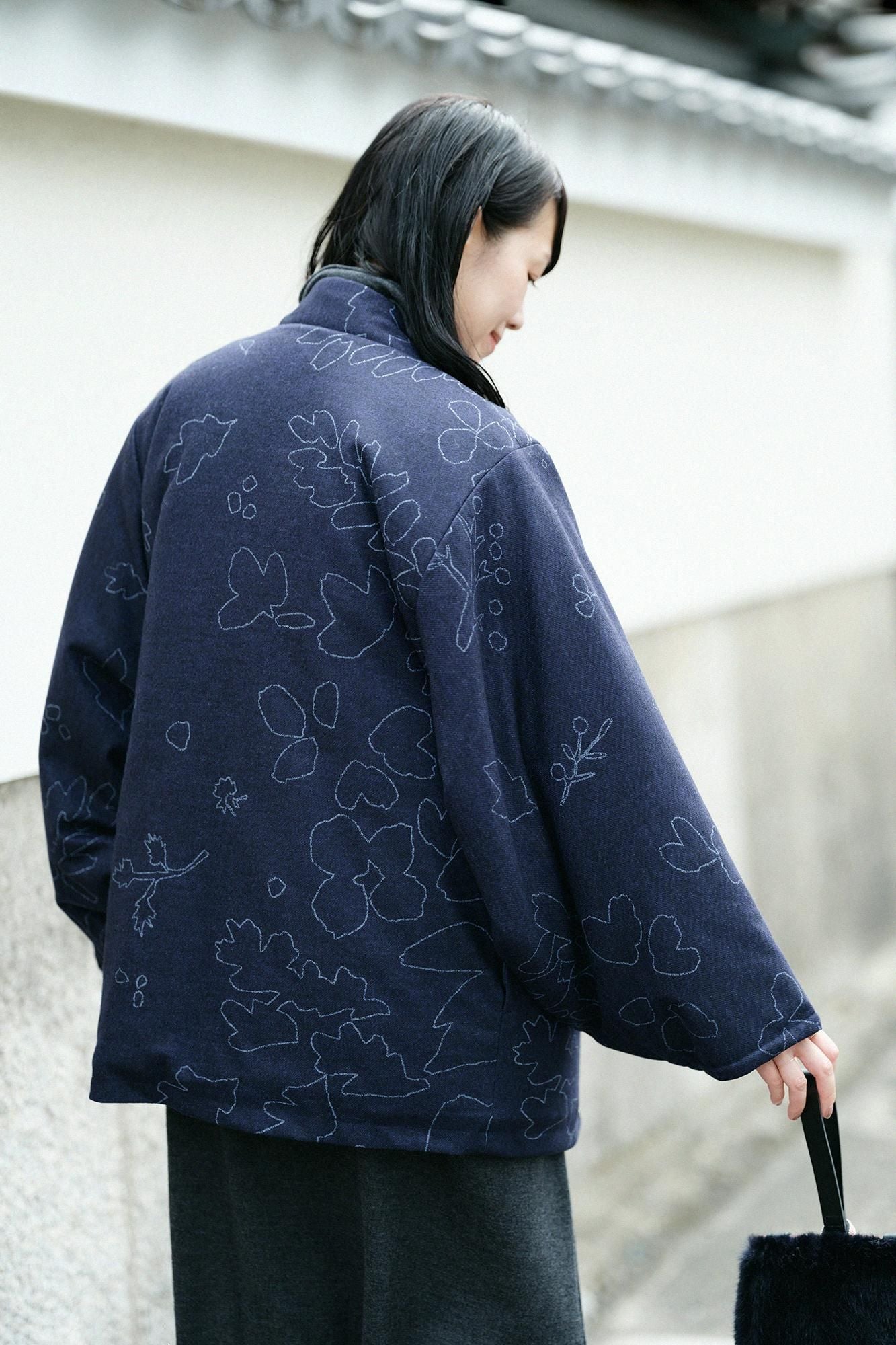 Kersey粗織布  圓弧袖唐羽織外套 夾棉 附裡襯／里山 搖曳 深藍色