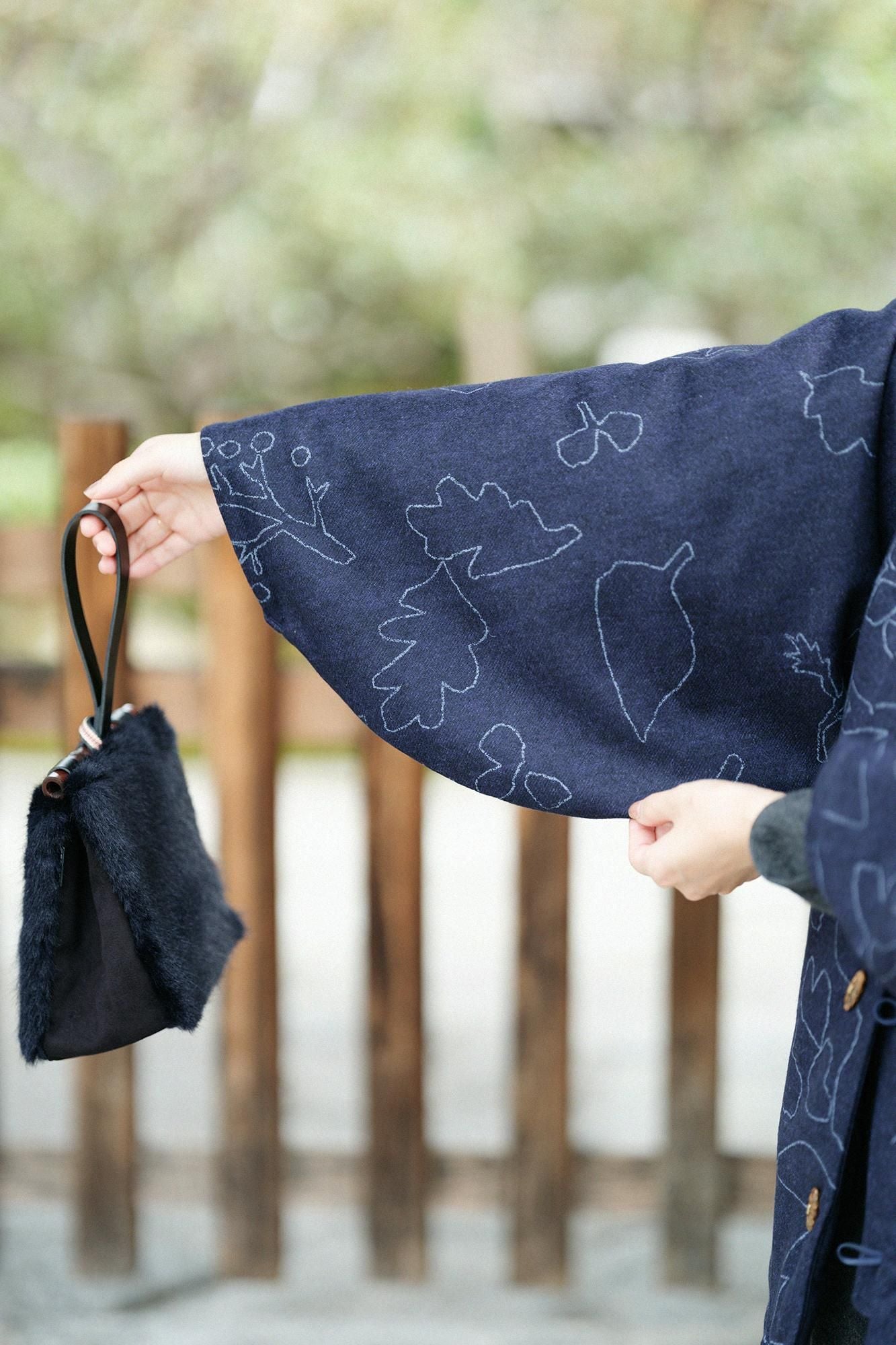 Kersey粗織布  圓弧袖唐羽織外套 夾棉 附裡襯／里山 搖曳 深藍色