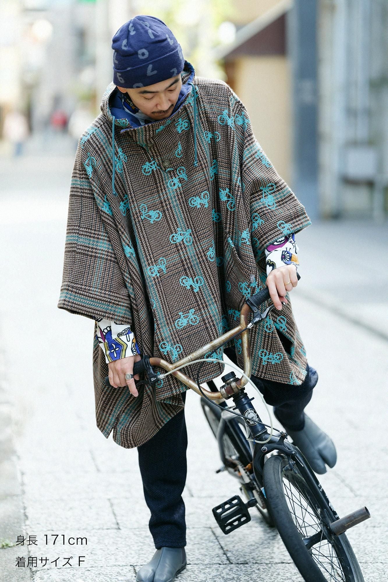 Wool Tweed BIKE Poncho／Bicycle Craze Everywhere and Blank Brown Check 