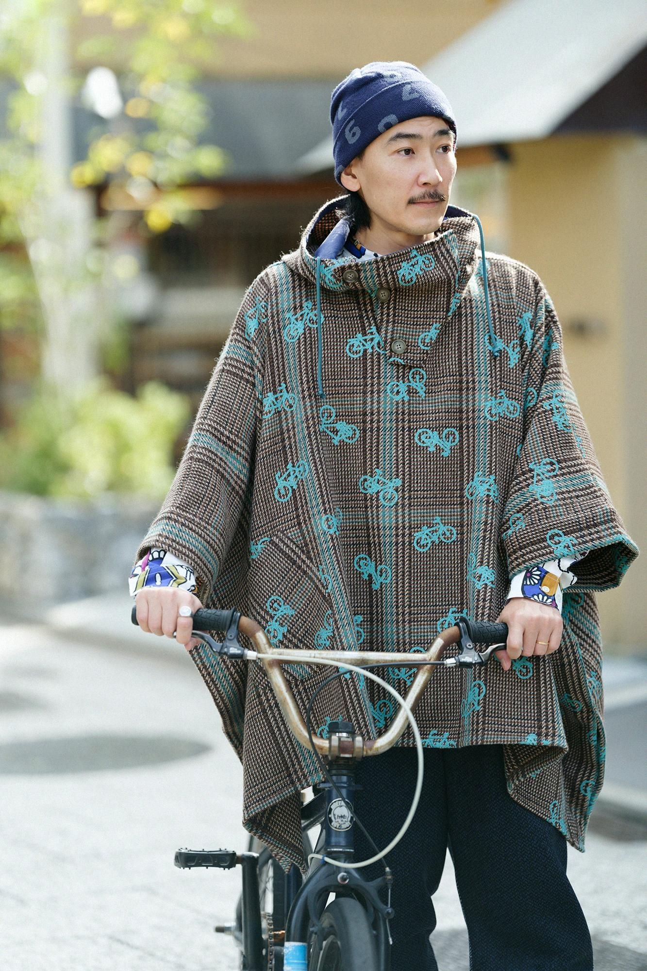 Wool Tweed BIKE Poncho／Bicycle Craze Everywhere and Blank Brown Check 
