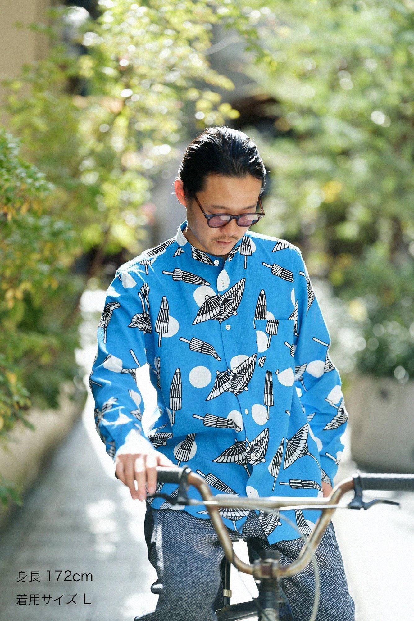 Chizimi Cotton 20/20 Stand Collar Long-sleeved Shirt／Bangasa and Polka Dots