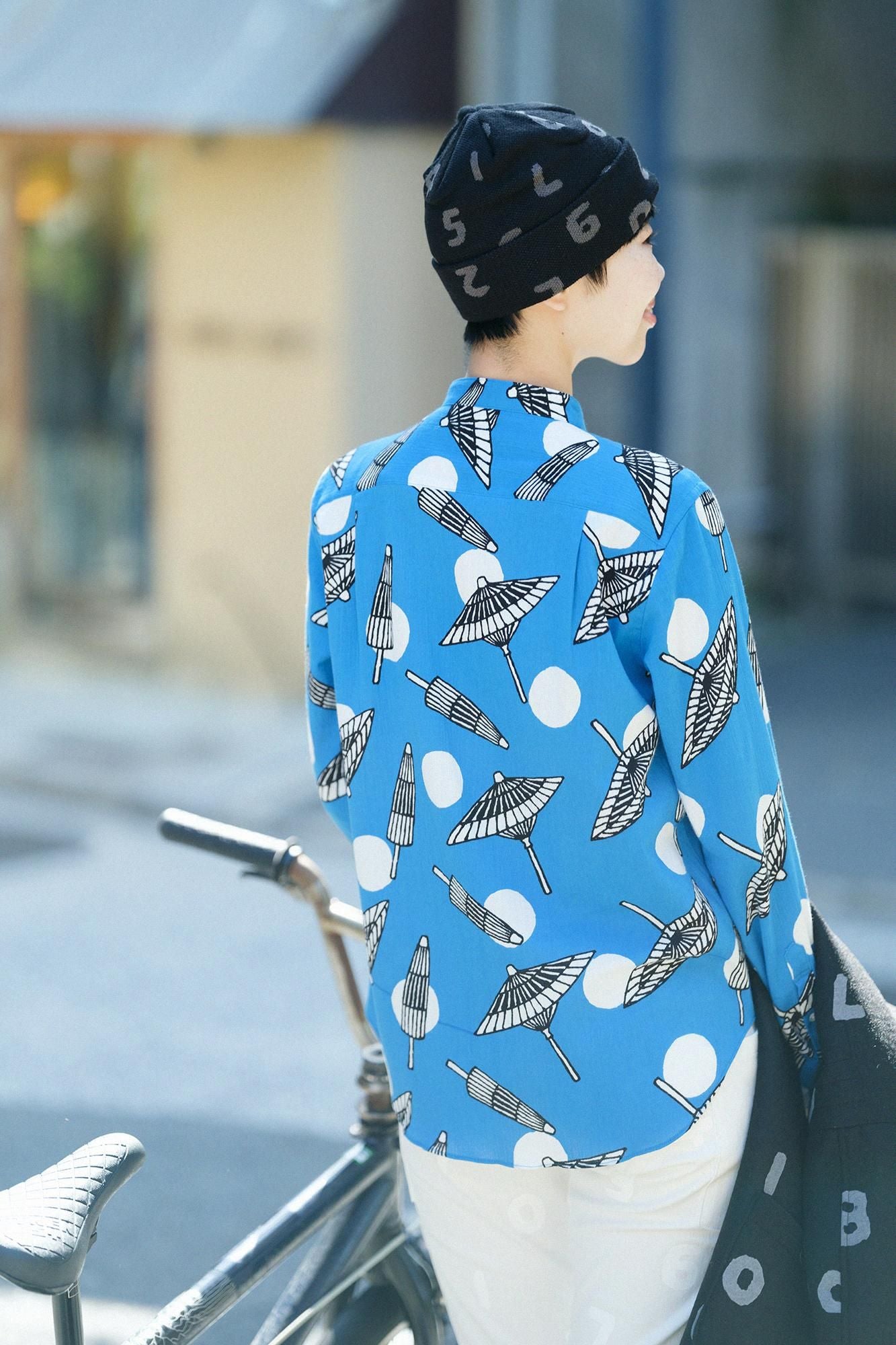 Chizimi Cotton 20/20 Stand Collar Long-sleeved Shirt／Bangasa and Polka Dots