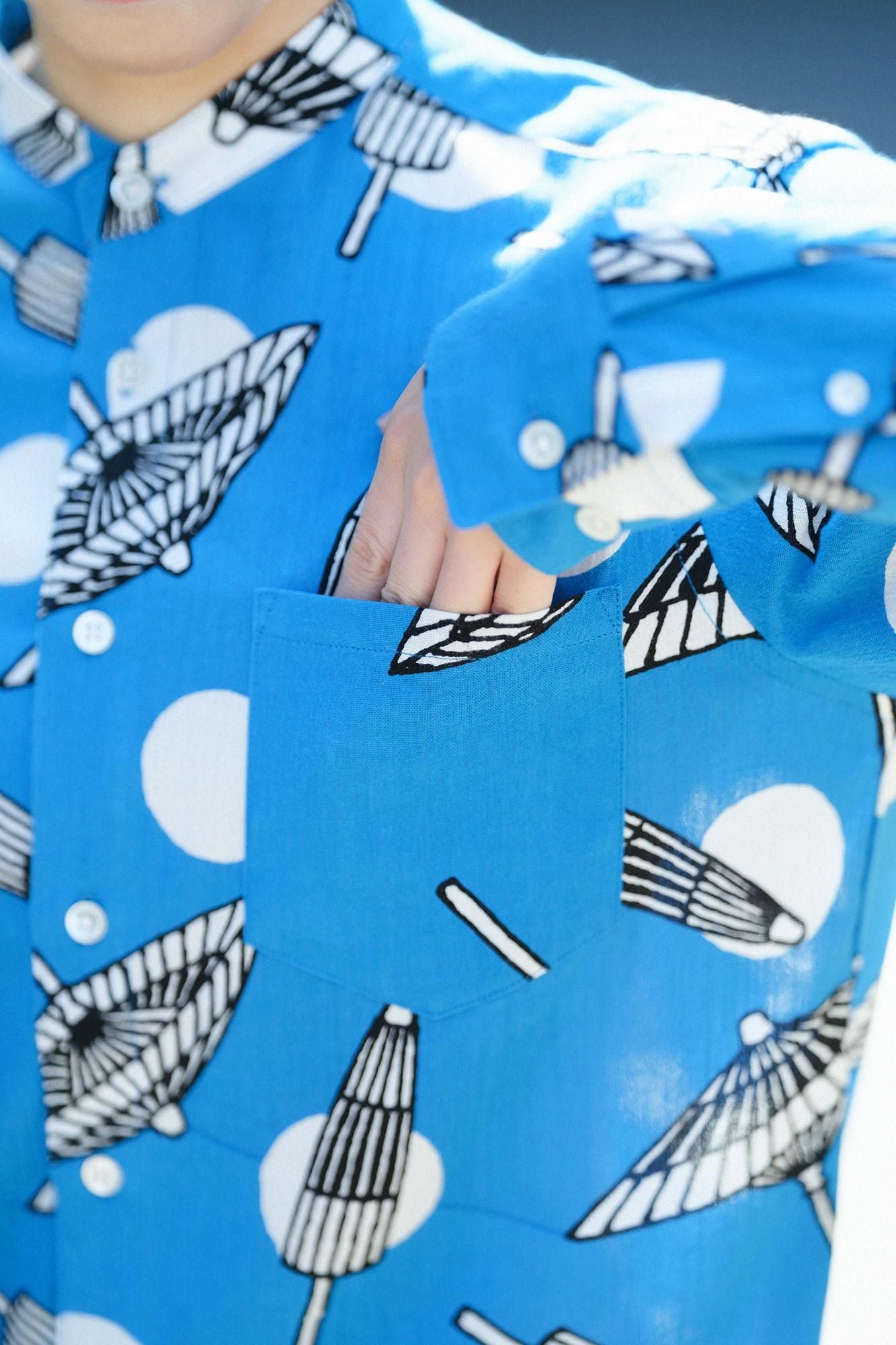 Chizimi Cotton 20/20 Stand Collar Long-sleeved Shirt／Bangasa and Polka Dots