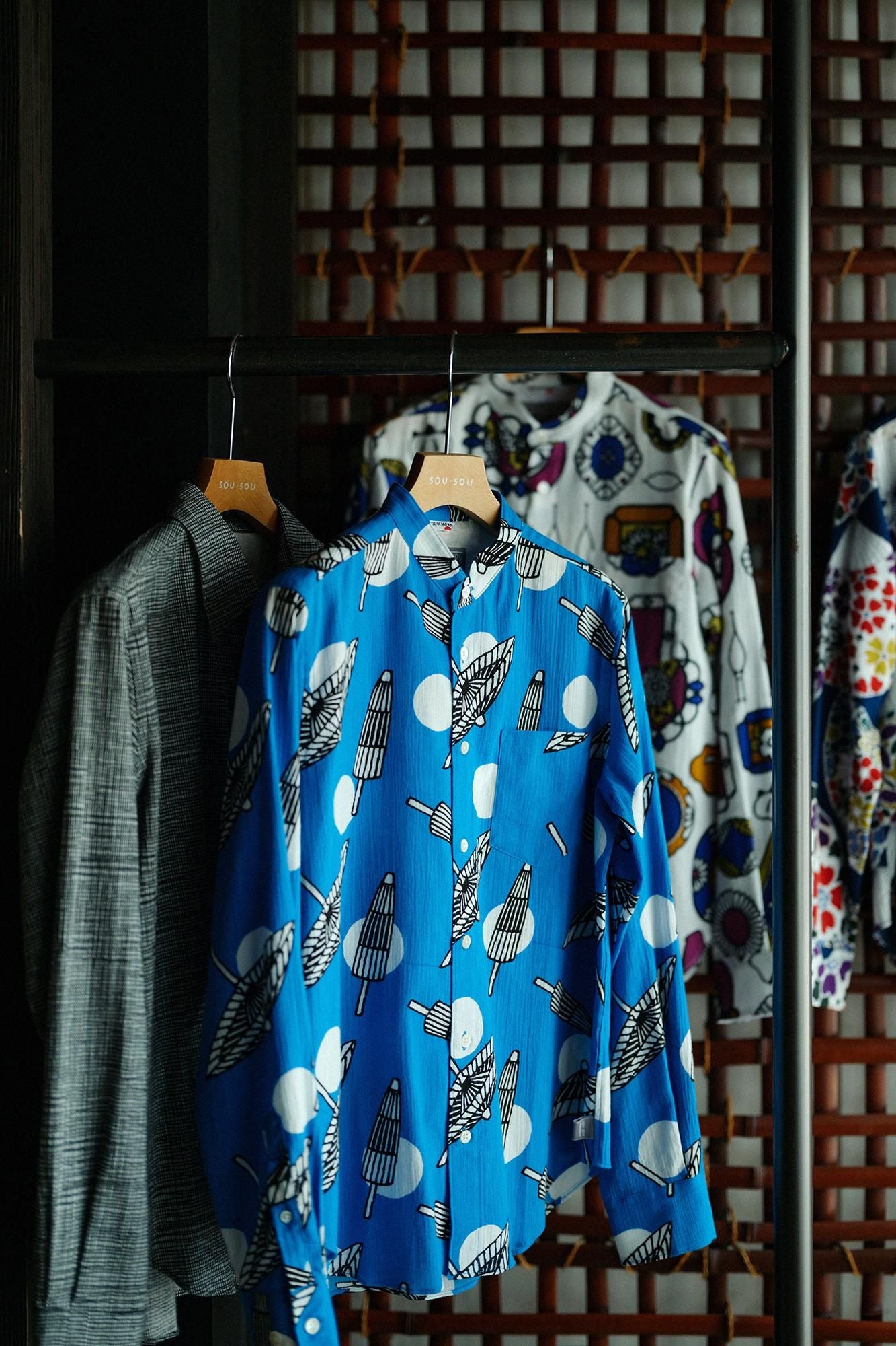 Chizimi Cotton 20/20 Stand Collar Long-sleeved Shirt／Bangasa and Polka Dots