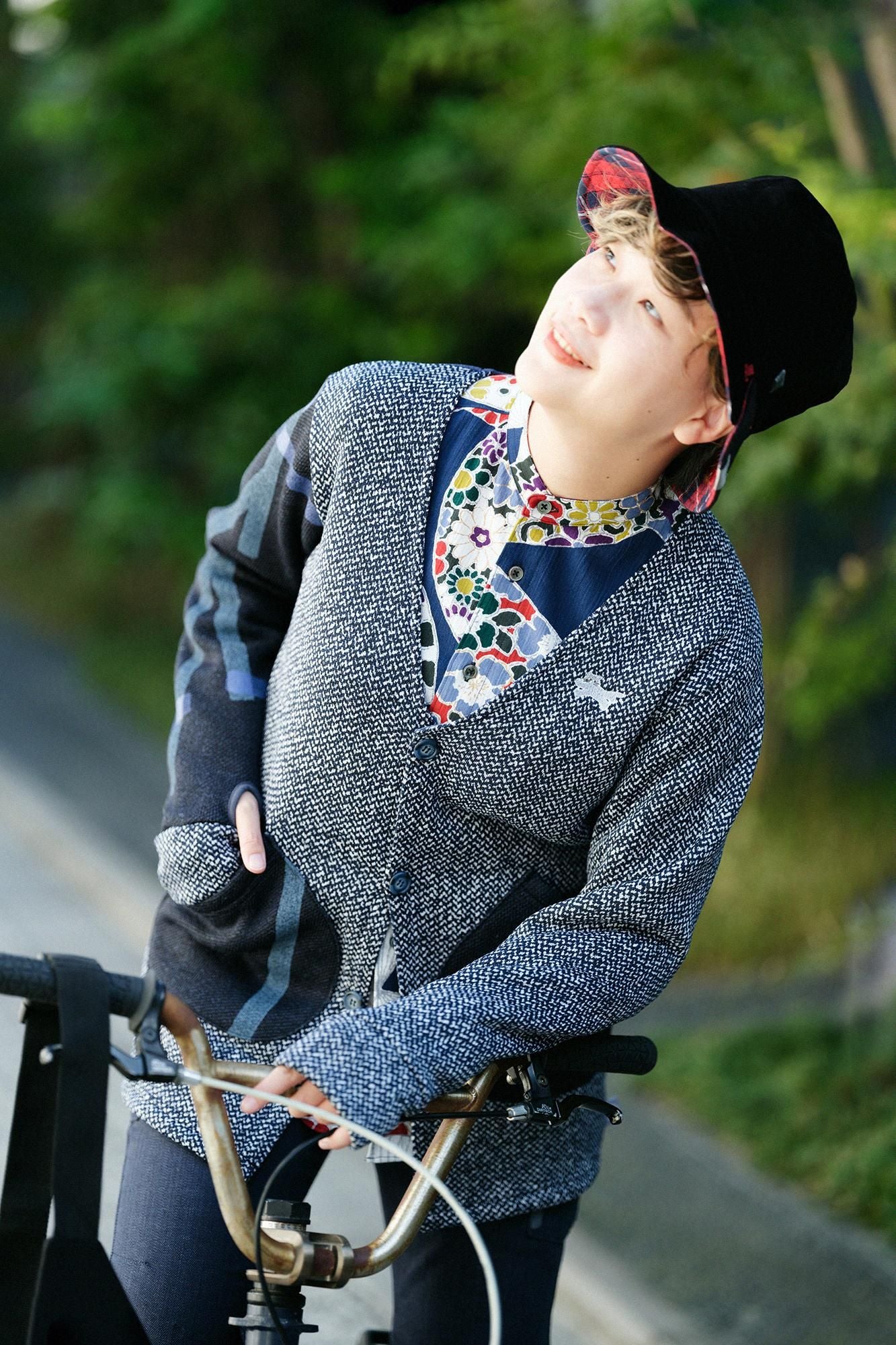 內起絨斜紋針織HWS開襟外套/白色/海軍藍x鳶