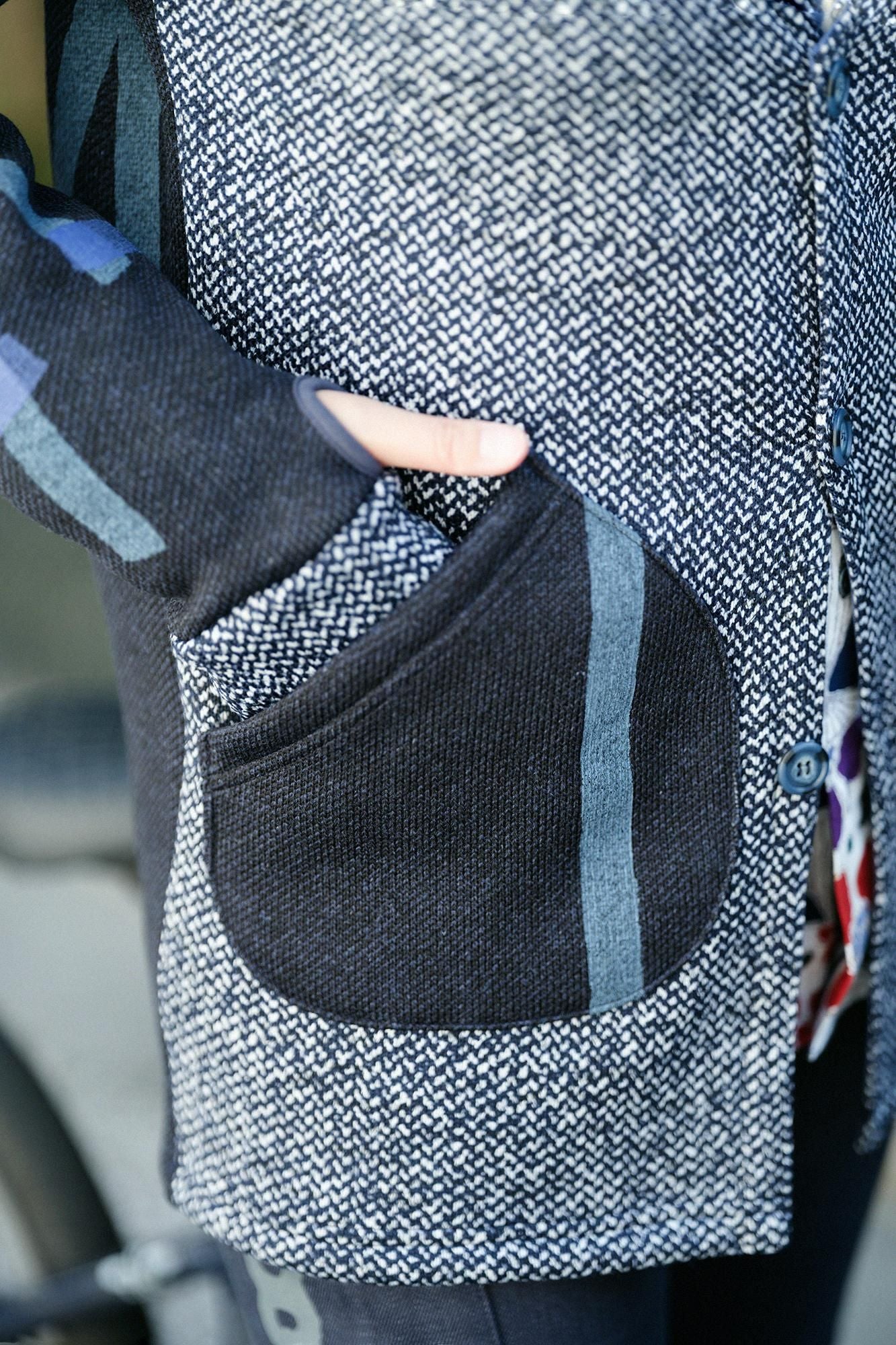 內起絨斜紋針織HWS開襟外套/白色/海軍藍x鳶