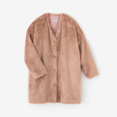 Faux Fur V-neck Light Tunic Coat／Greyish Plum Color