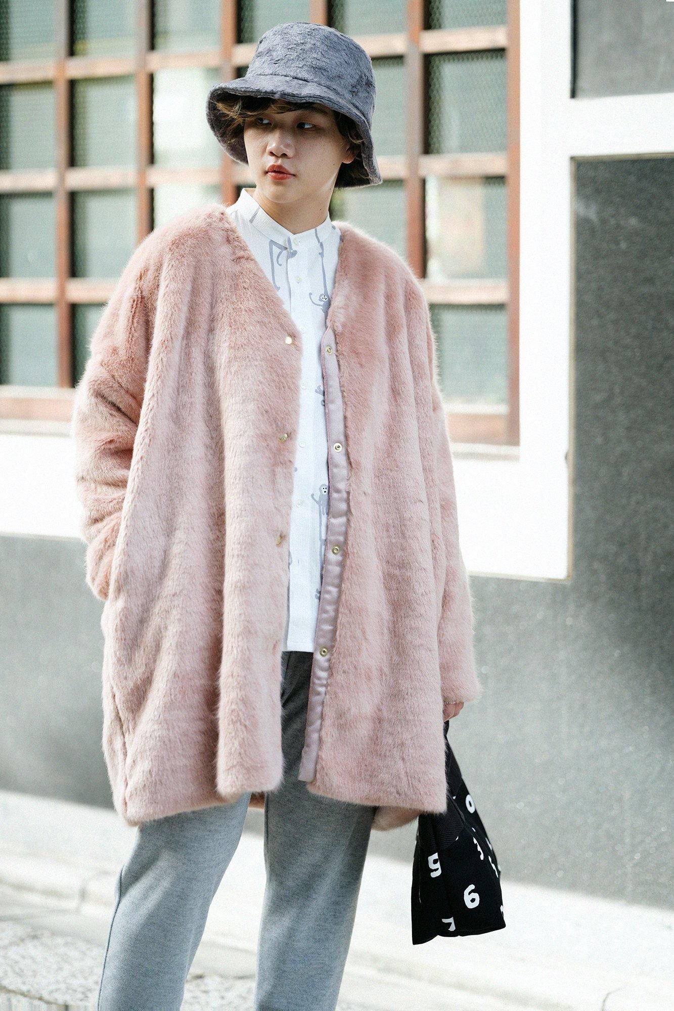 人造毛皮 V領輕型外套／灰梅色