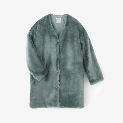 Faux Fur V-neck Light Tunic Coat / Greenish Blue