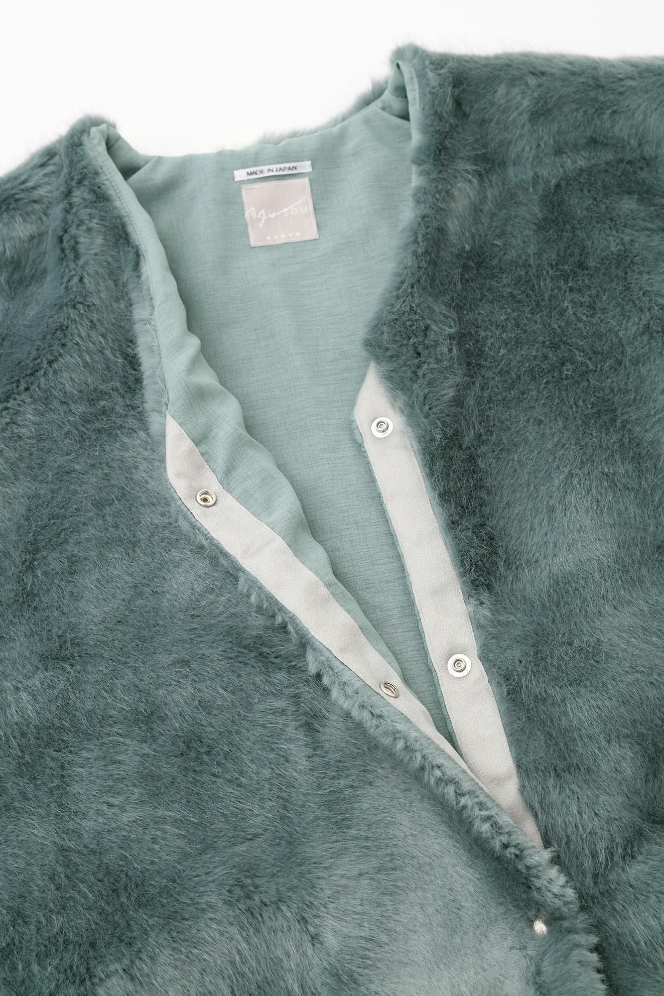 フェイクファー Vネック ライトチュニックコート／水浅葱（みずあさぎ）