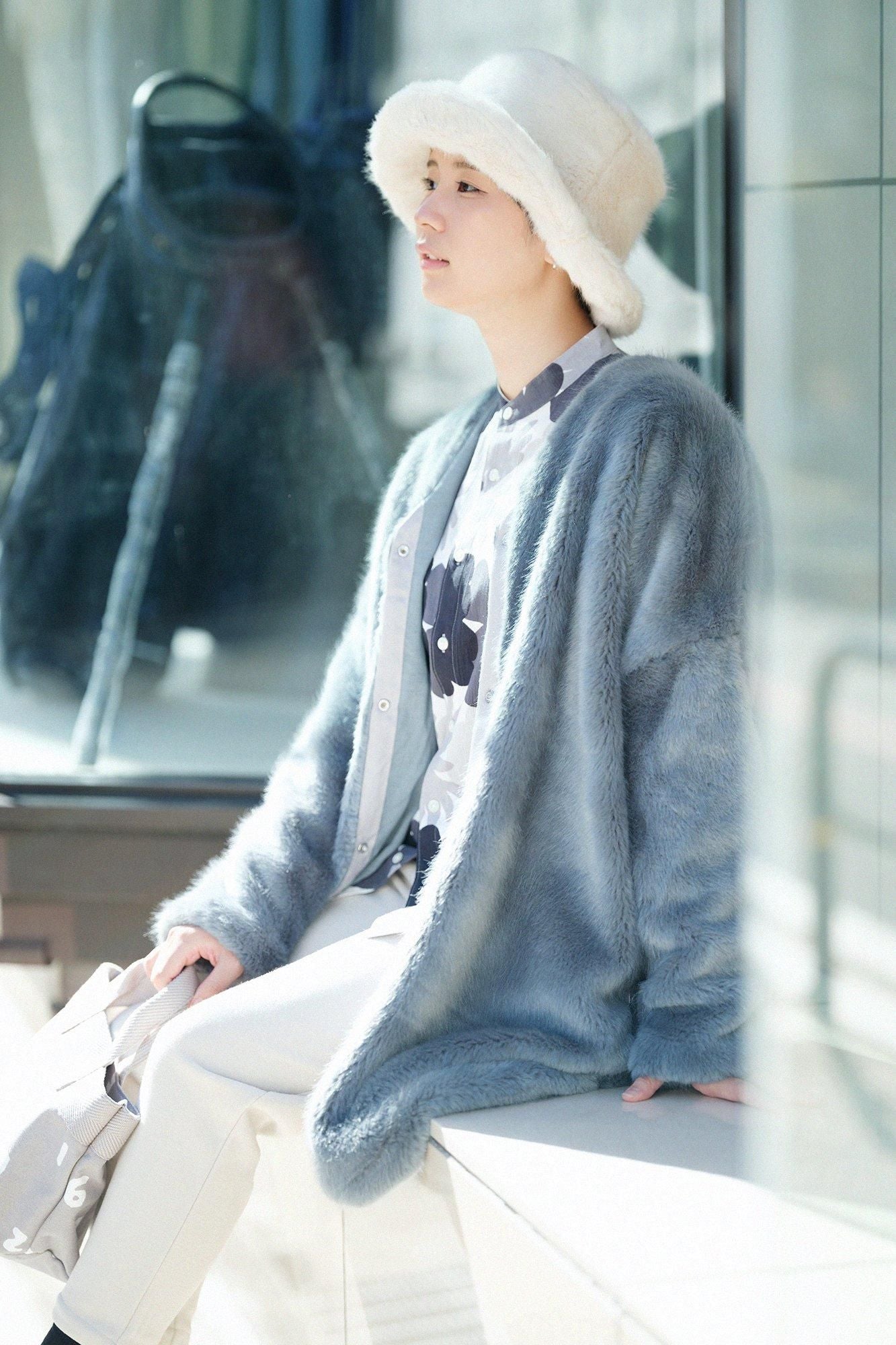 フェイクファー Vネック ライトチュニックコート／水浅葱（みずあさぎ）