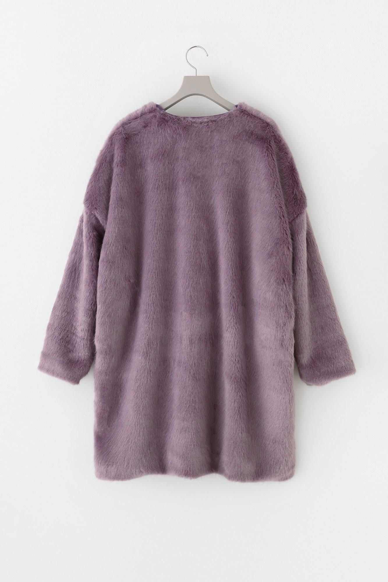 フェイクファー Vネック ライトチュニックコート／藤紫（ふじむらさき）