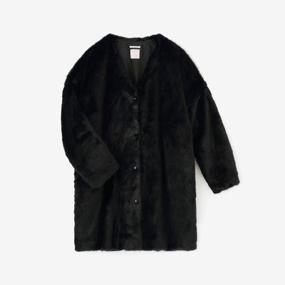 Faux Fur V-neck Light Tunic Coat／Black Blue