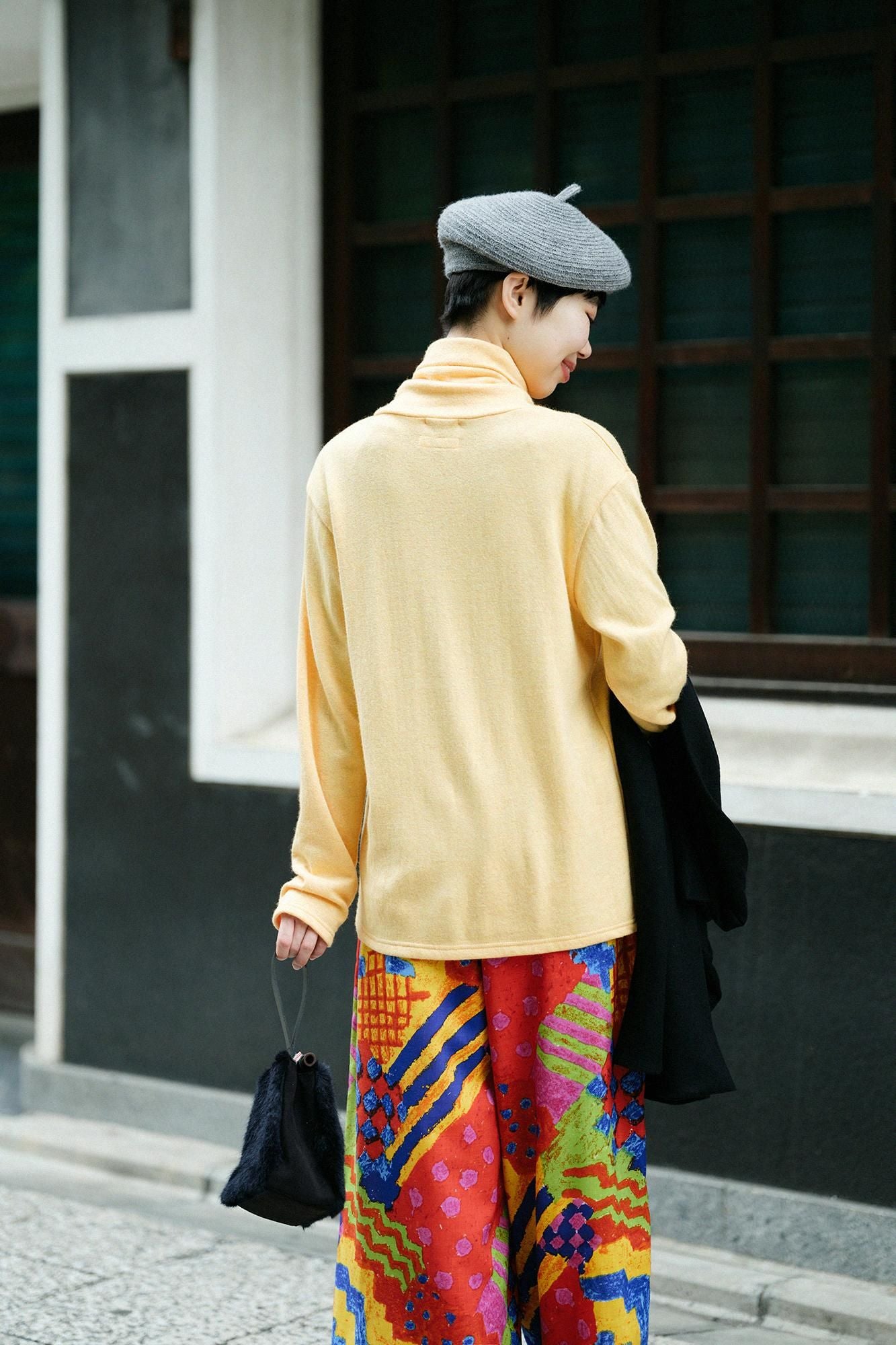 內起絨 梳毛針織 高領上衣／向日葵色