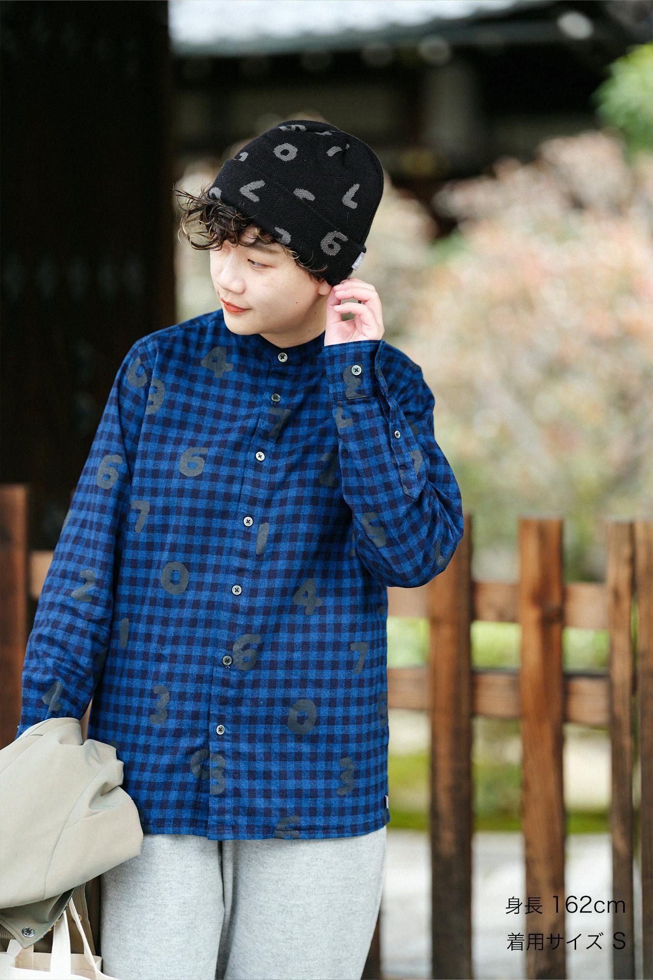 Indigo Flannel Check Stand Collar Long-sleeved Shirt SP / SO-SU-U