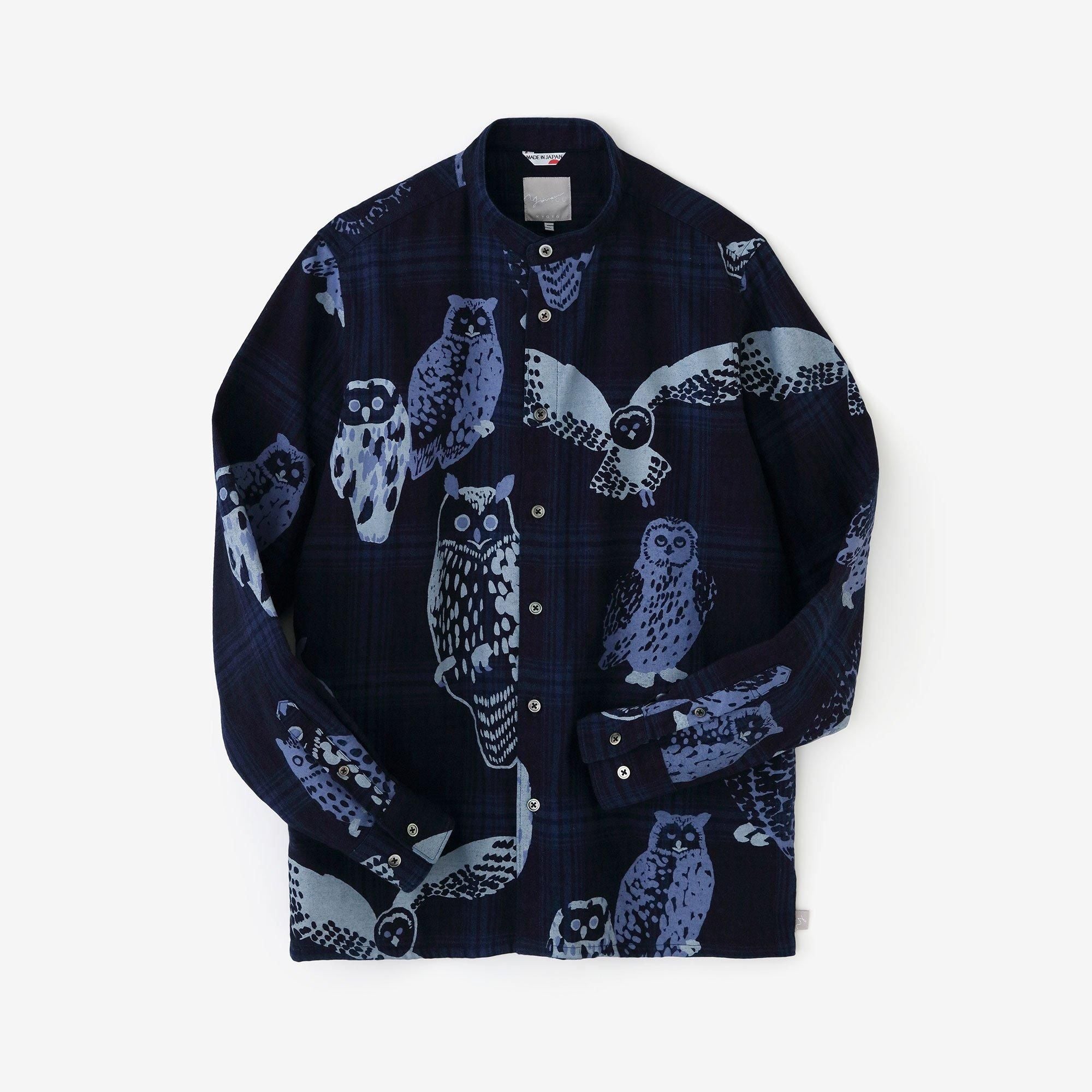 靛藍染法蘭絨格子立領長袖襯衫SP/貓頭鷹