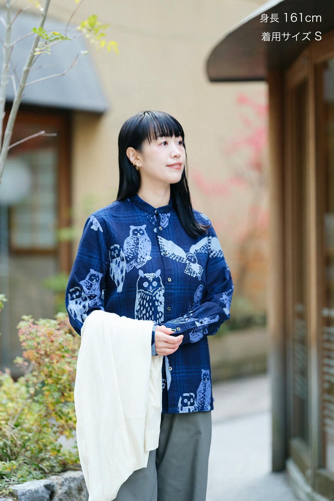 Indigo Flannel Check Stand Collar Long-sleeved Shirt SP / Owl