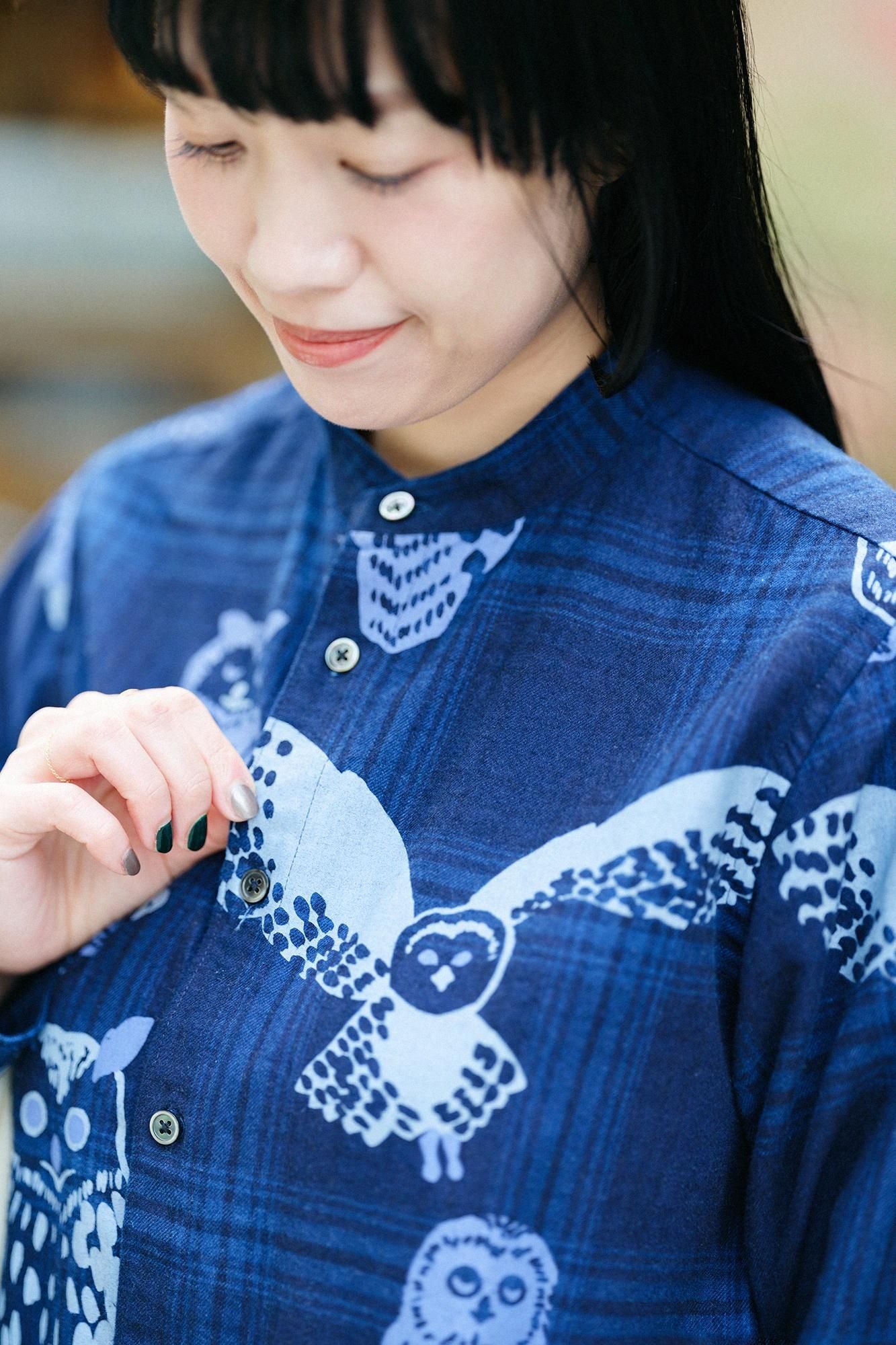 Indigo Flannel Check Stand Collar Long-sleeved Shirt SP / Owl