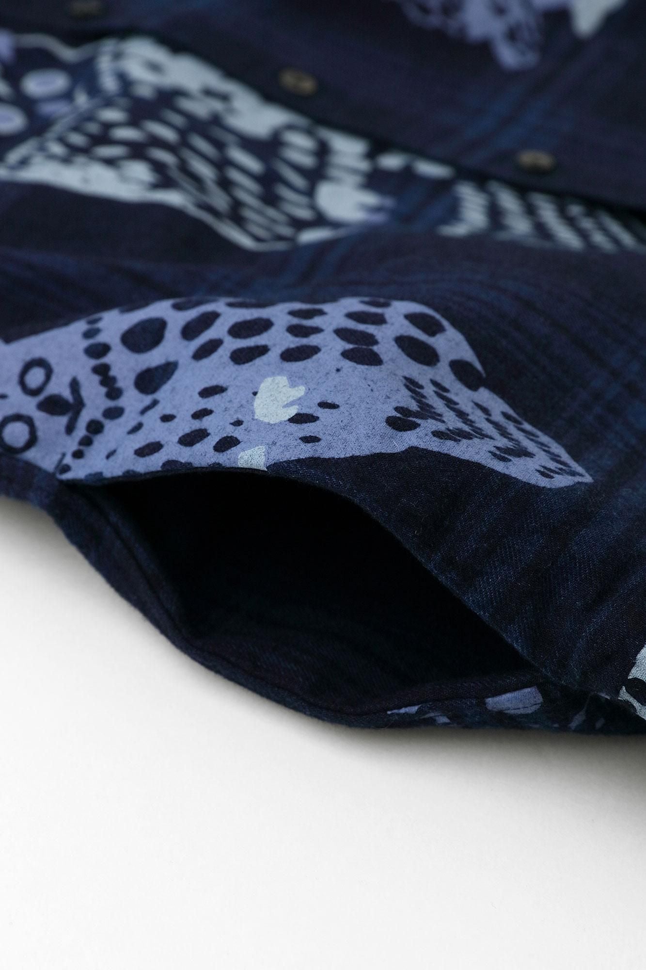 Indigo Flannel Check Stand Collar Long-sleeved Shirt SP / Owl