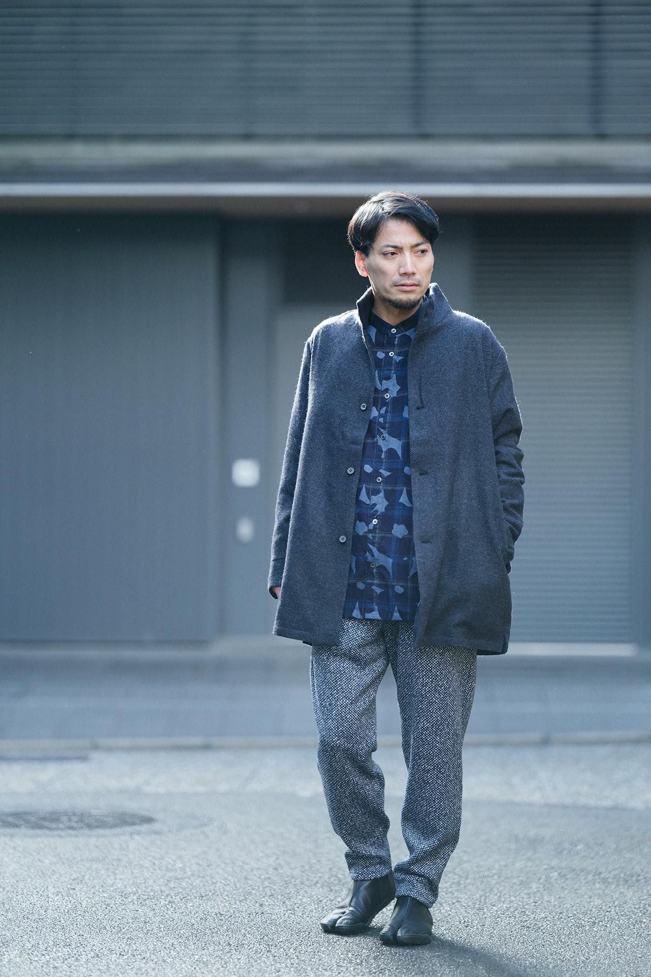 靛藍染法蘭絨格子立領長袖襯衫SP /落落大方