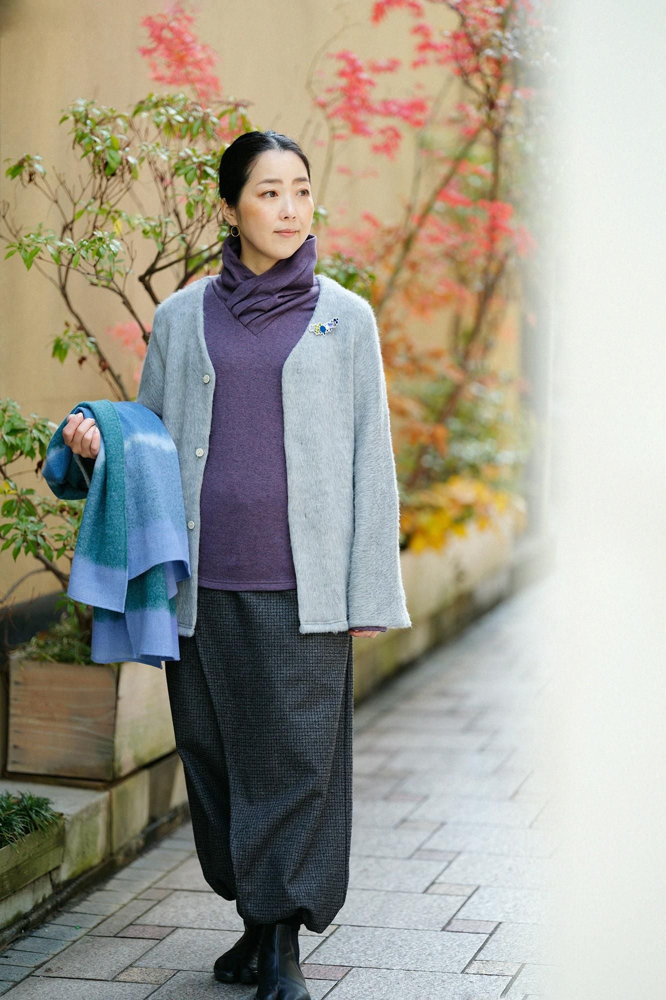 內起絨梳毛針織高領上衣/暗紫色)