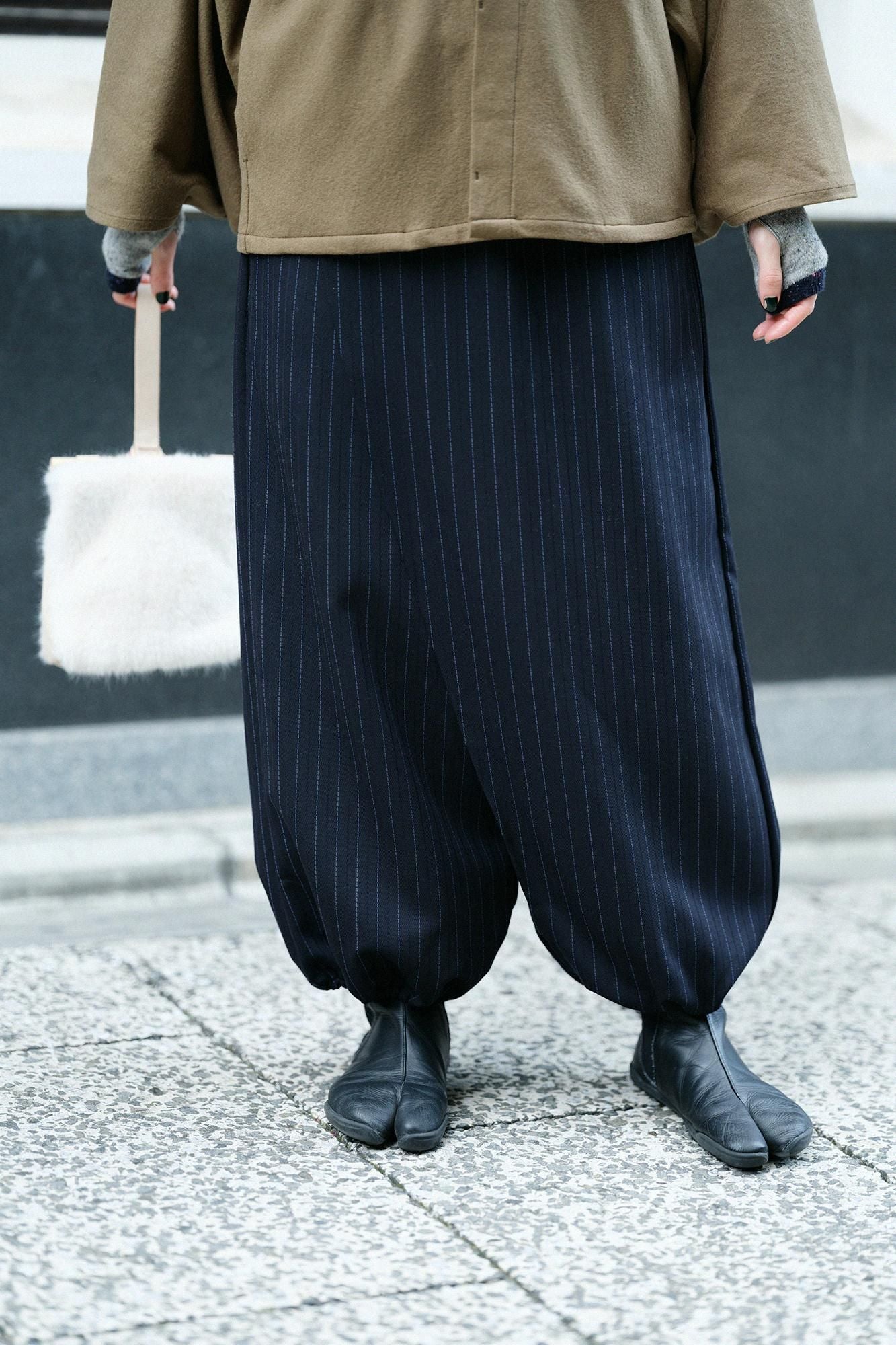 Combed Yarn Herringbone Weave Wrap Harem Pants / Dark Blue Stripes