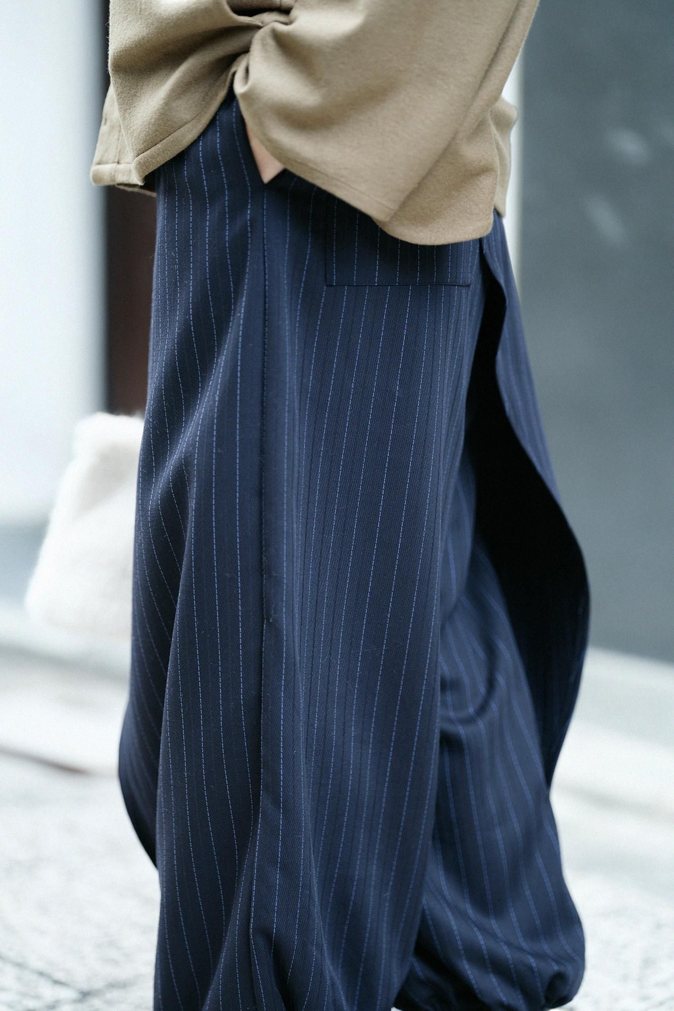 Combed Yarn Herringbone Weave Wrap Harem Pants / Dark Blue Stripes