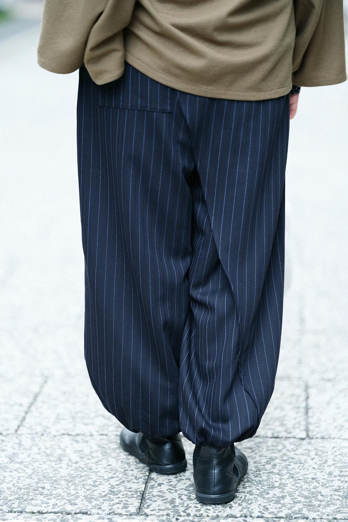 Combed Yarn Herringbone Weave Wrap Harem Pants / Dark Blue Stripes