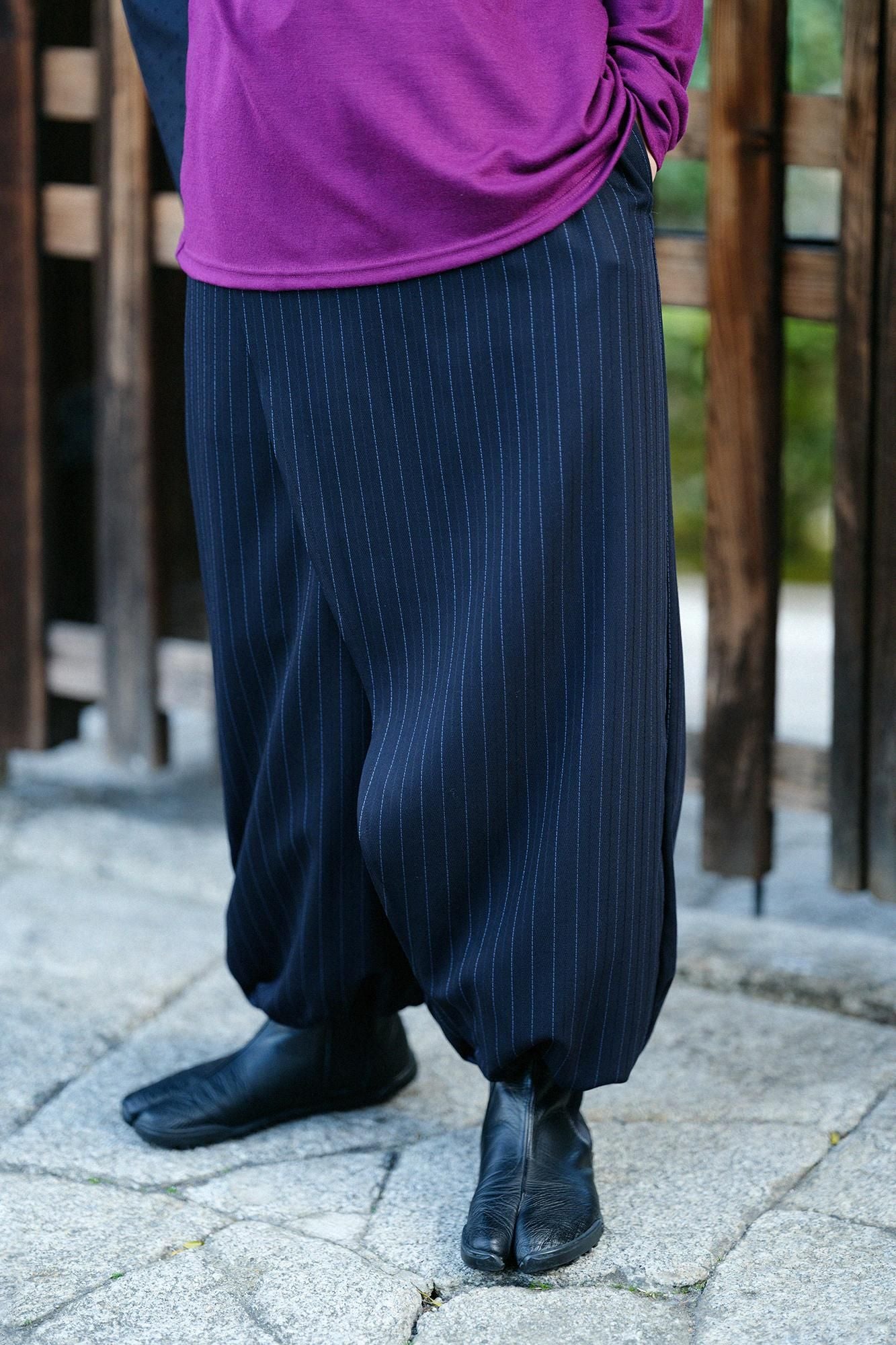 Combed Yarn Herringbone Weave Wrap Harem Pants / Dark Blue Stripes