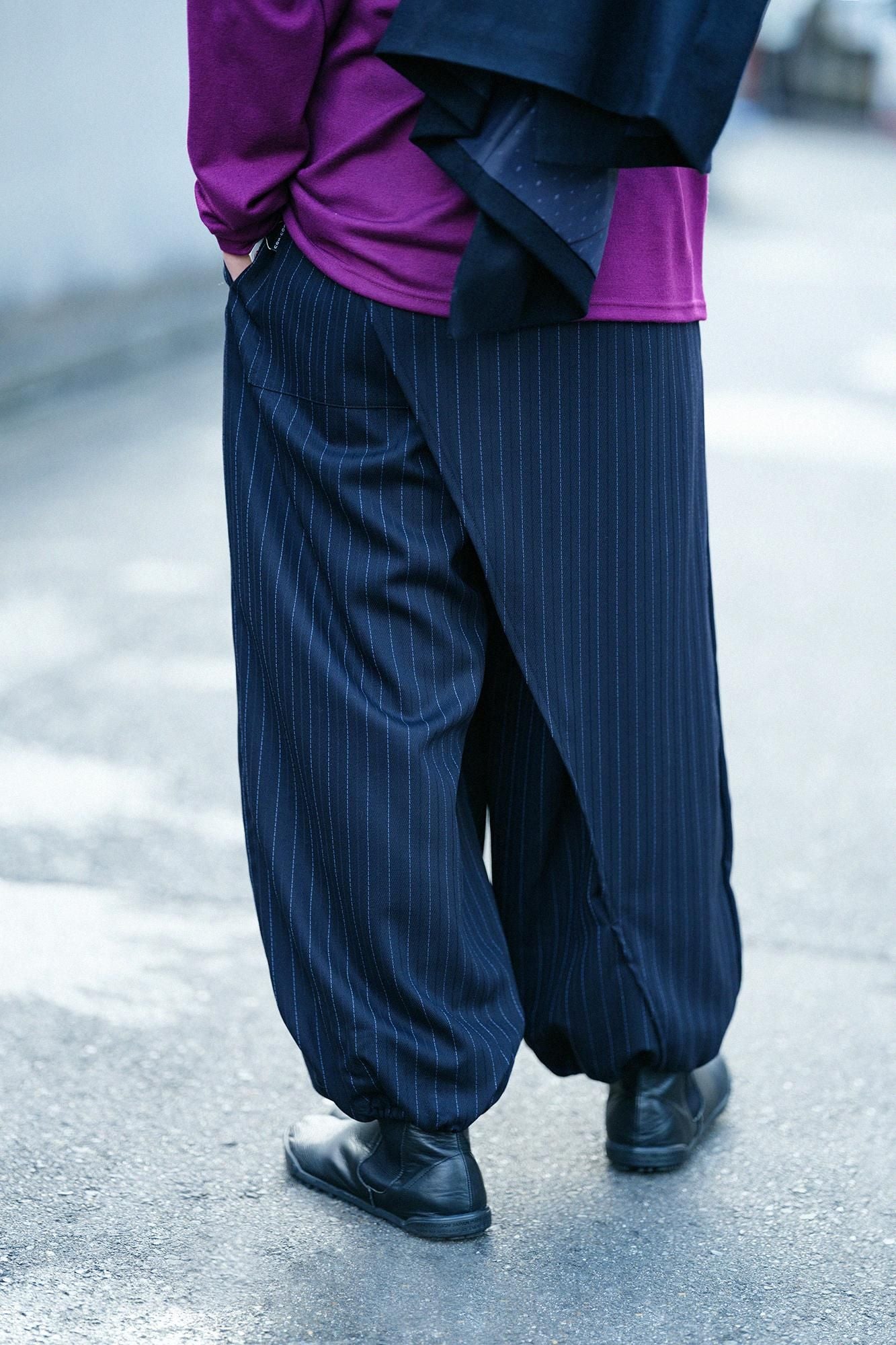 Combed Yarn Herringbone Weave Wrap Harem Pants / Dark Blue Stripes