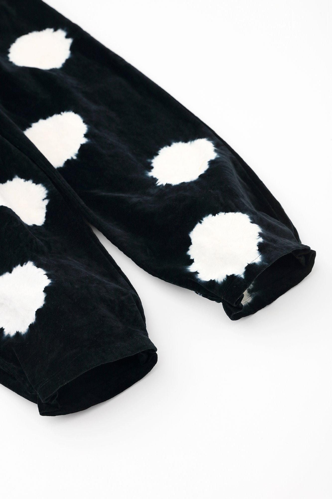 Konsei Tie-dye Blue Green Cotton-linen Blend Monpe Workers Pants / Large Polka Dots Black x Raw White