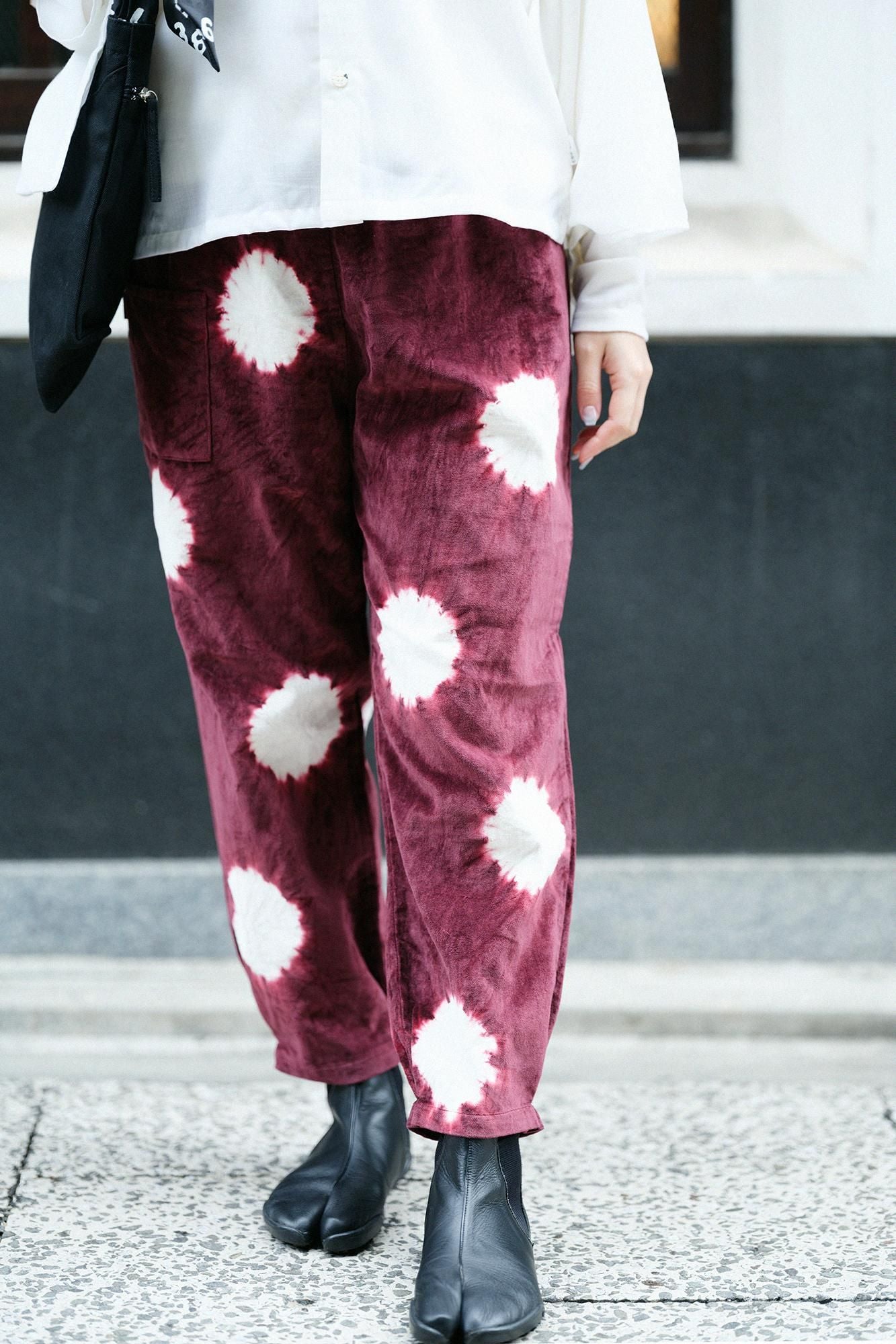 근청 시보리 코튼 린넨 벨벳 히다 몸뻬／물방울 다크 레드(코이쿠레나이) x 생 화이트(키지로)