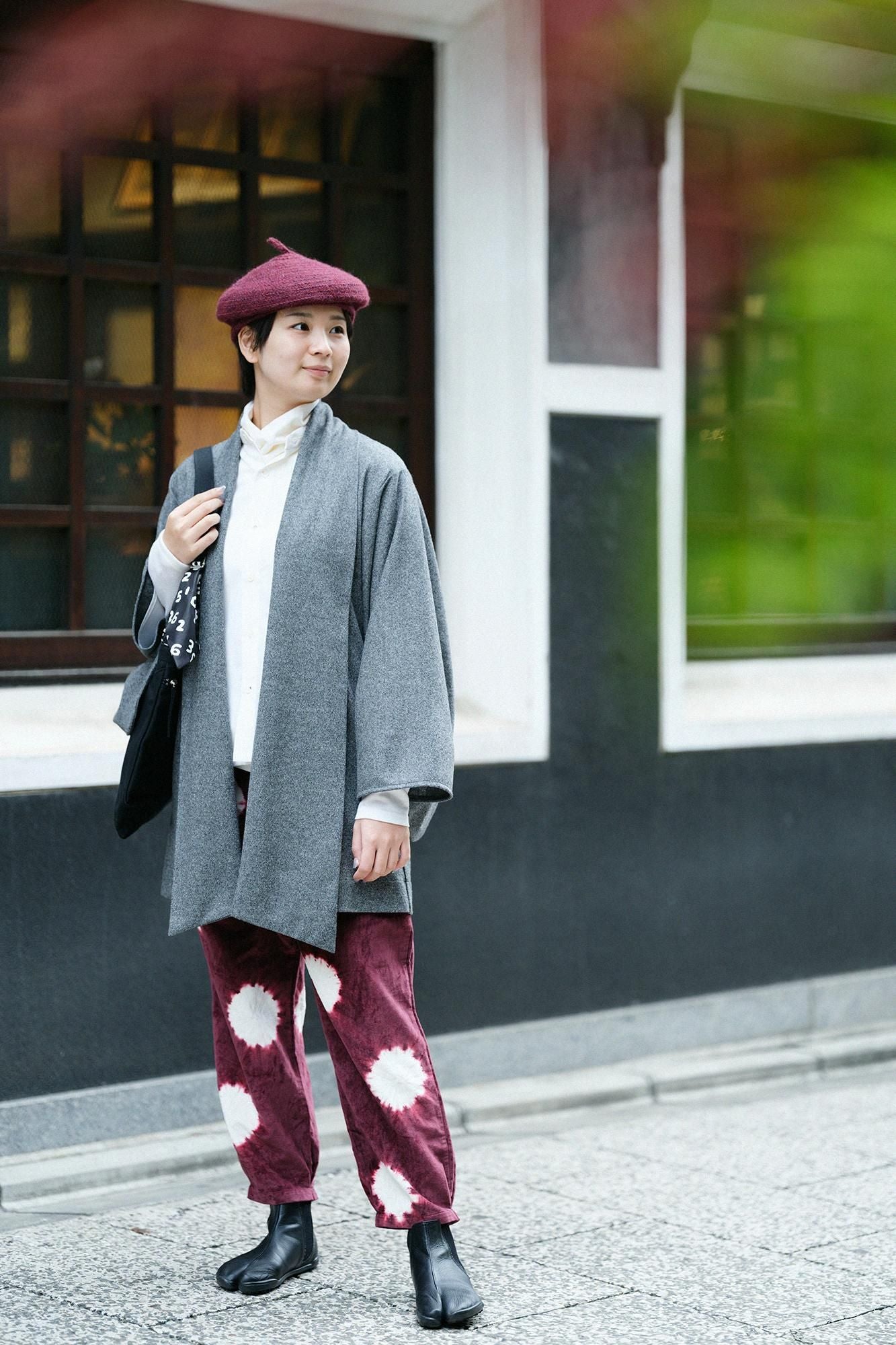 근청 시보리 코튼 린넨 벨벳 히다 몸뻬／물방울 다크 레드(코이쿠레나이) x 생 화이트(키지로)