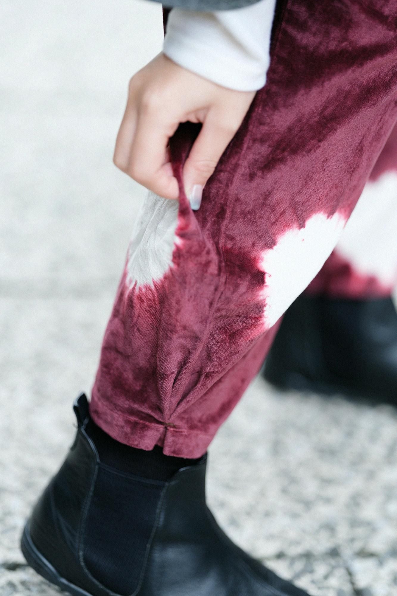 근청 시보리 코튼 린넨 벨벳 히다 몸뻬／물방울 다크 레드(코이쿠레나이) x 생 화이트(키지로)